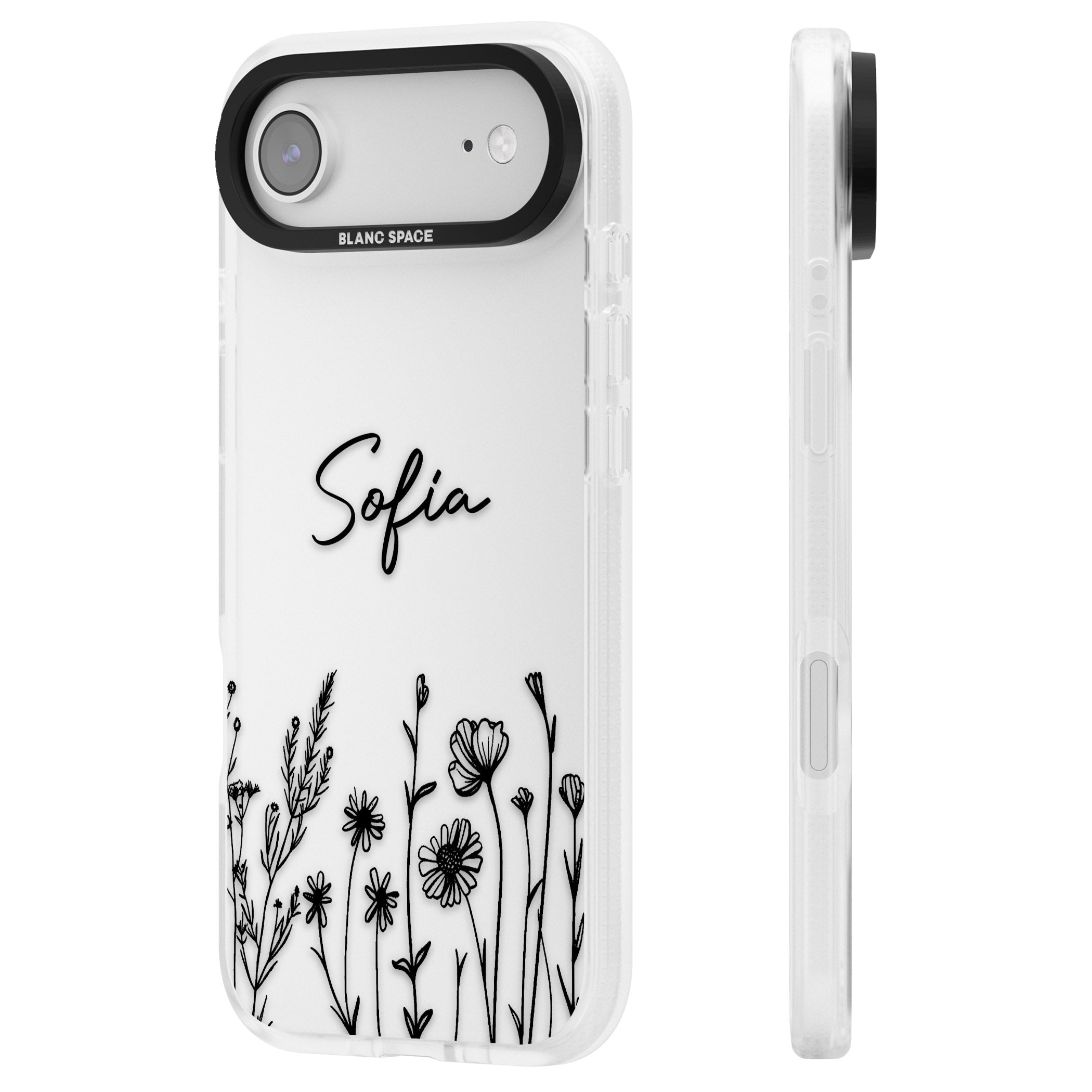 Personalised Black Wildflowers iPhone 17 Air Impact Air Clear Phone Case Side Profile