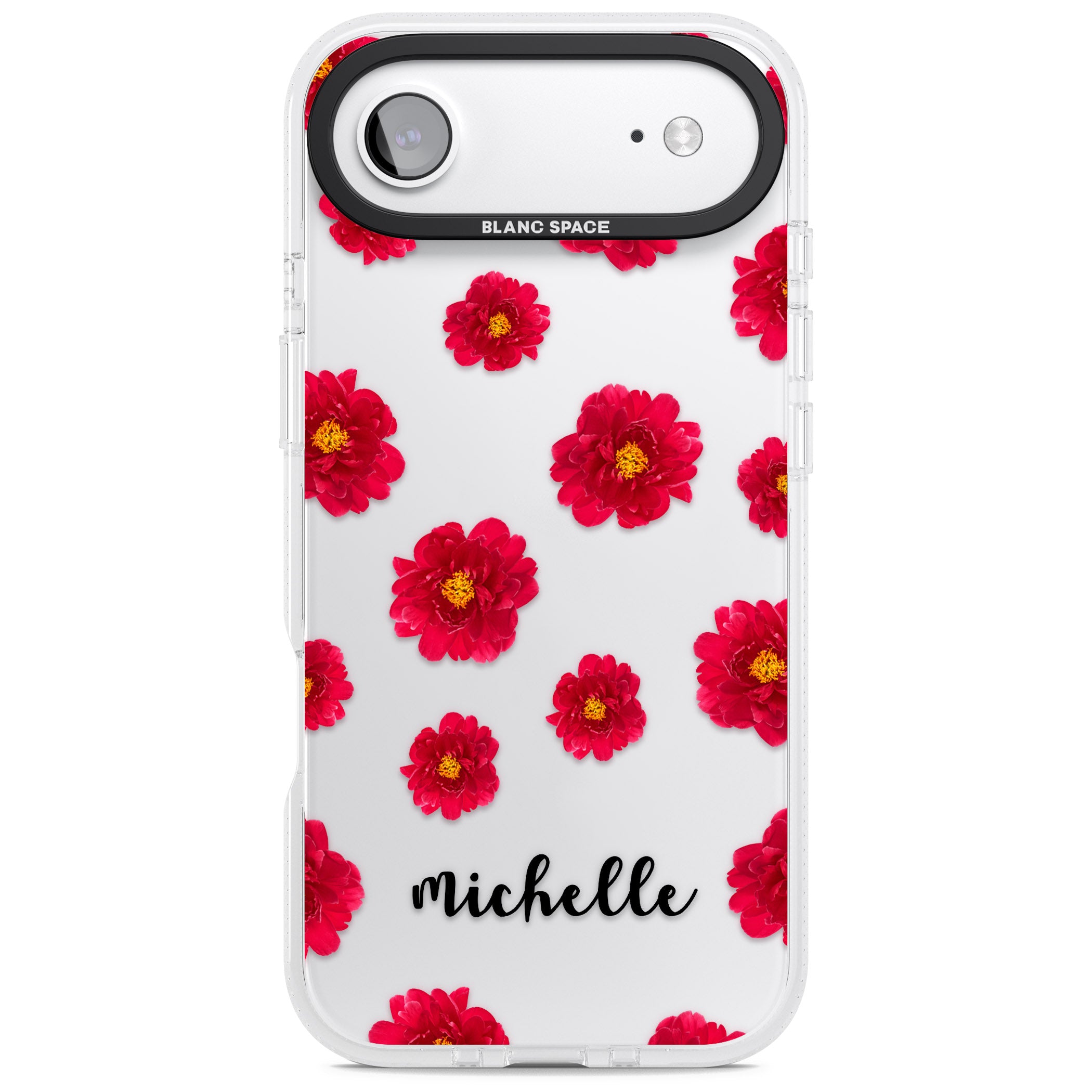 Personalised Red Peonies & Cursive iPhone 17 Air Impact Air Clear Phone Case