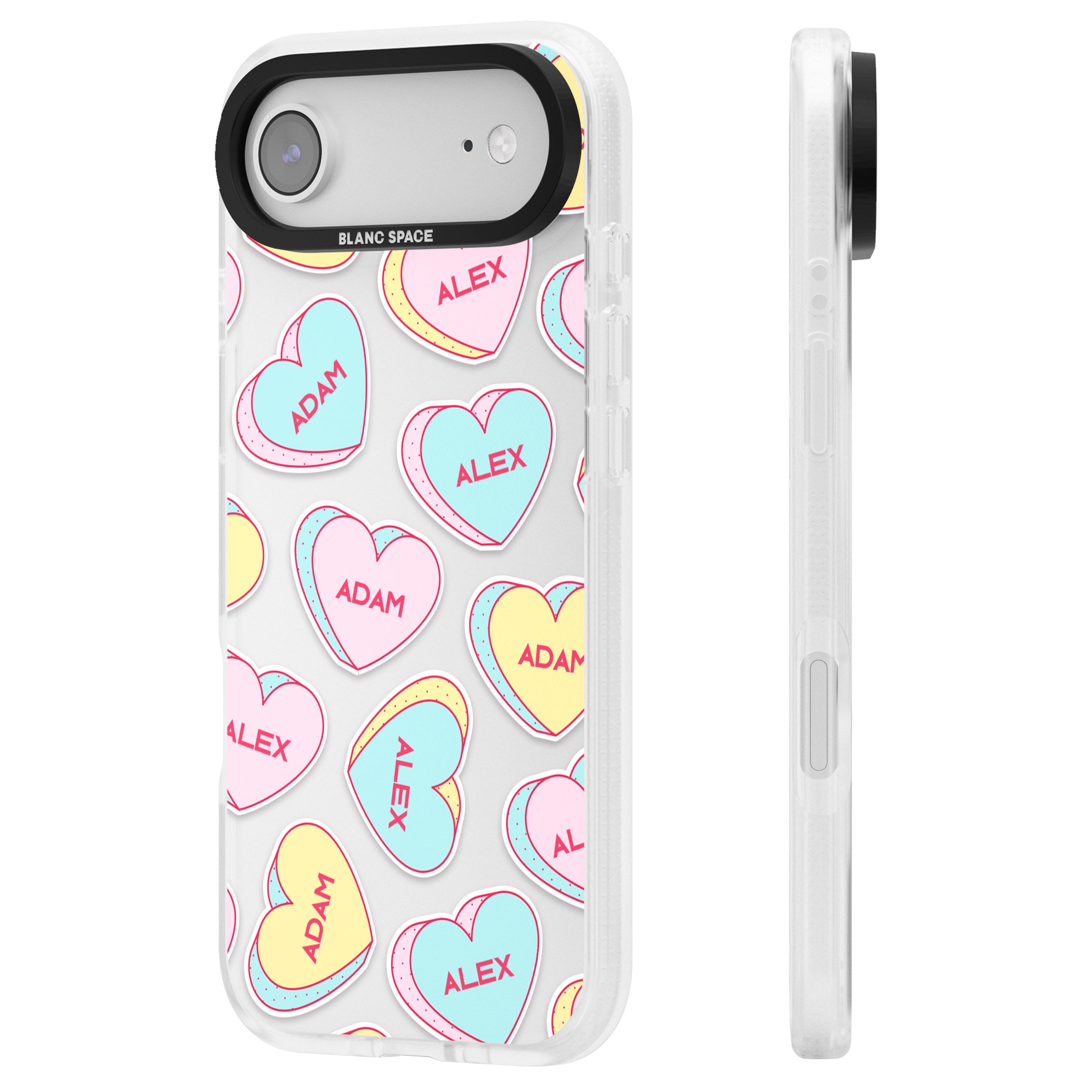 Personalised Love Hearts iPhone 17 Air Impact Air Clear Phone Case Side Profile