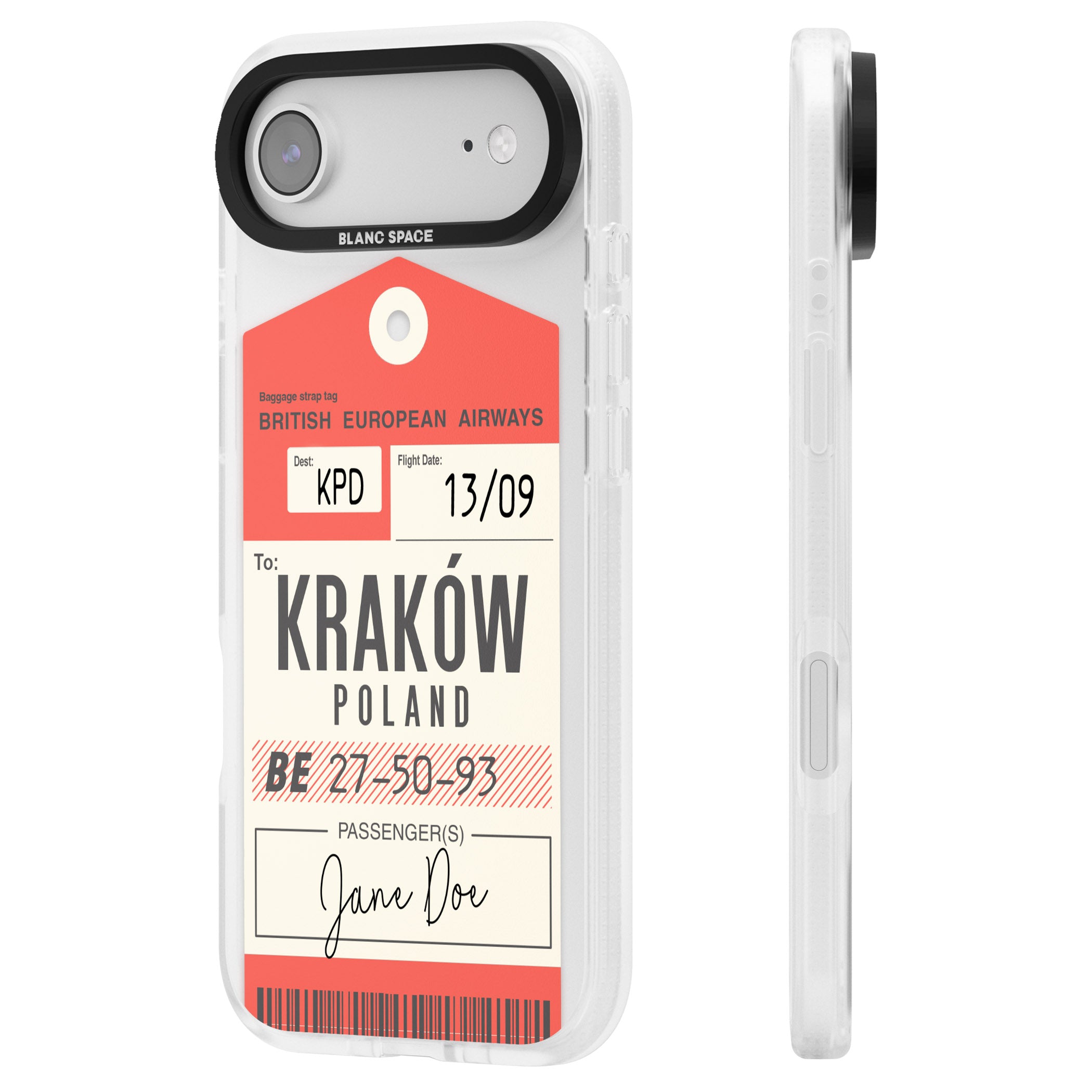 Personalised Vintage Bea Luggage Tag iPhone 17 Air Impact Air Clear Phone Case Side Profile