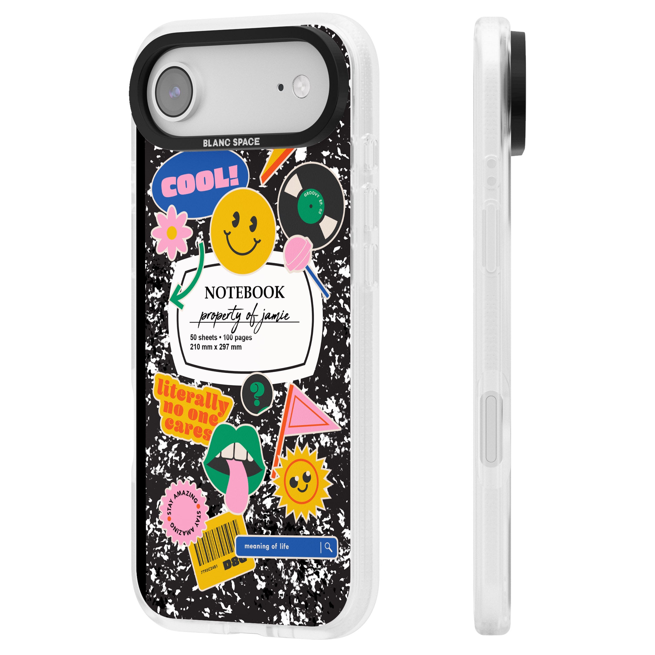 Personalised Quirky Notebook iPhone 17 Air Impact Air Clear Phone Case Side Profile