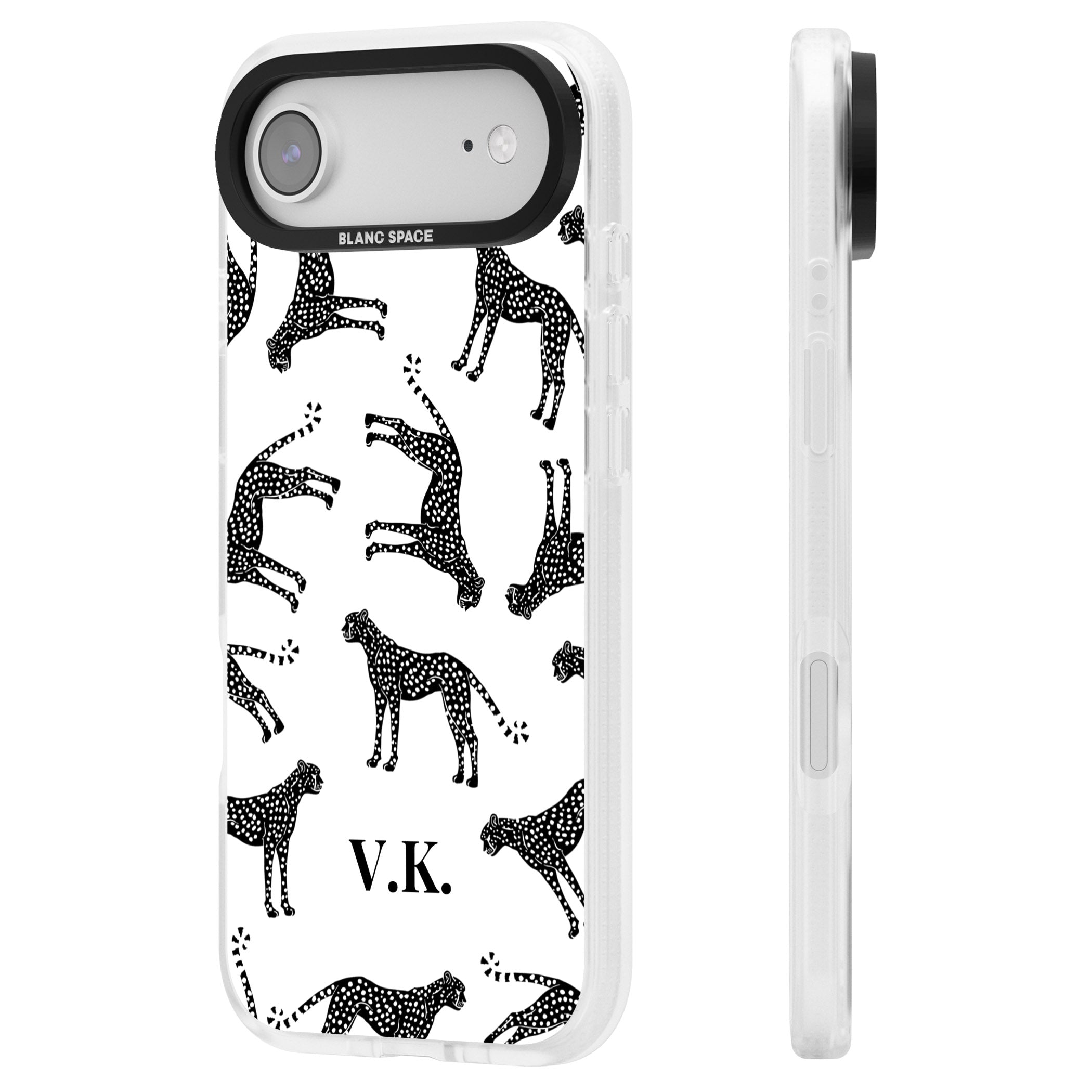 Personalised Black & White Cheetah Pattern iPhone 17 Air Impact Air Clear Phone Case Side Profile