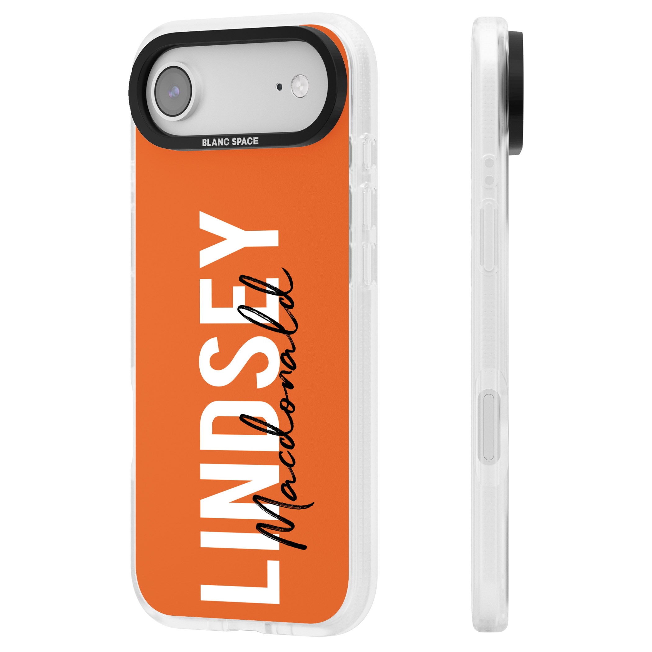 Personalised Bold Name: Orange iPhone 17 Air Impact Air Clear Phone Case Side Profile