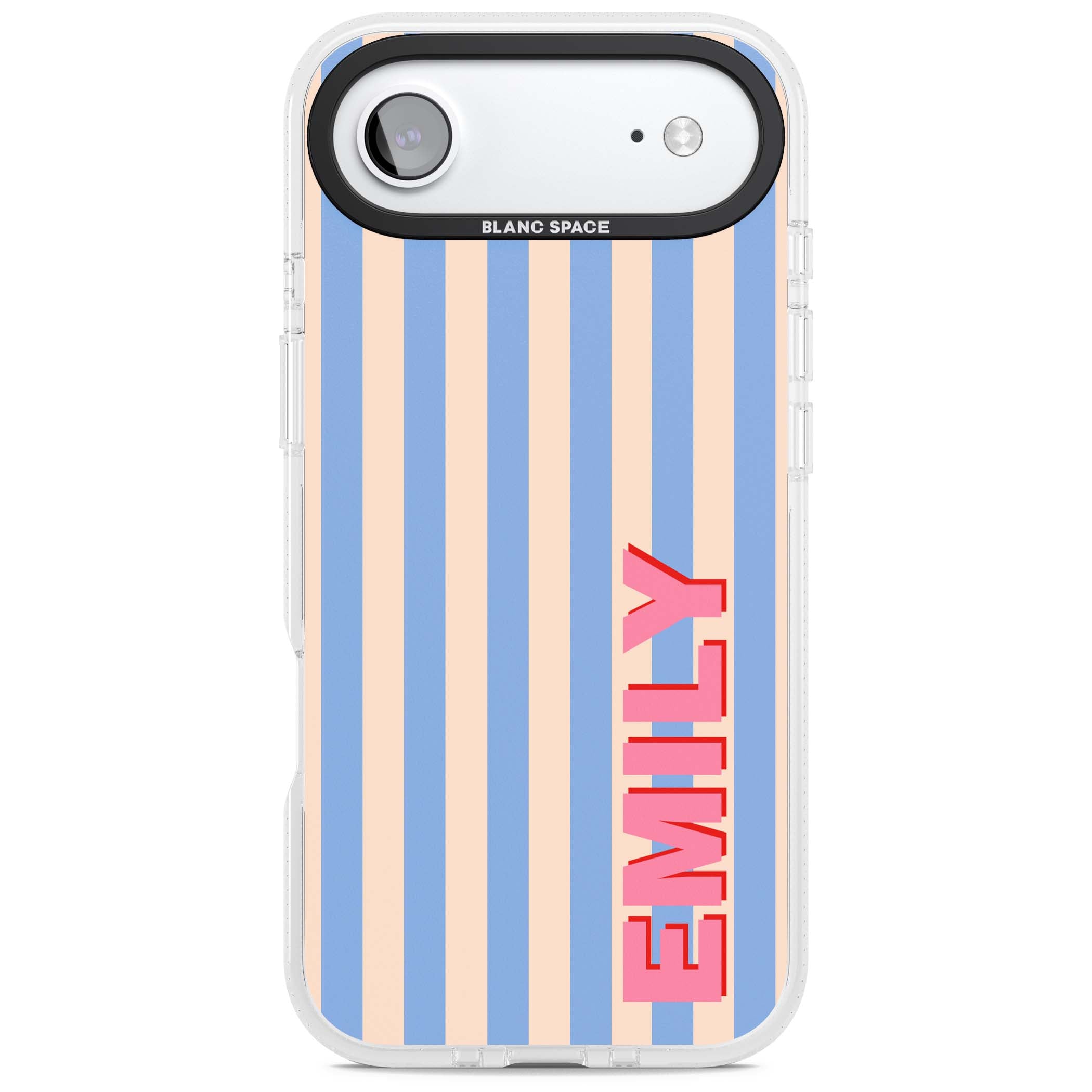 Coastal Stripe personalised coastal iPhone case with blue and peach vertical stripes and custom pink name | Clear Case Impact Air case for iPhone Air