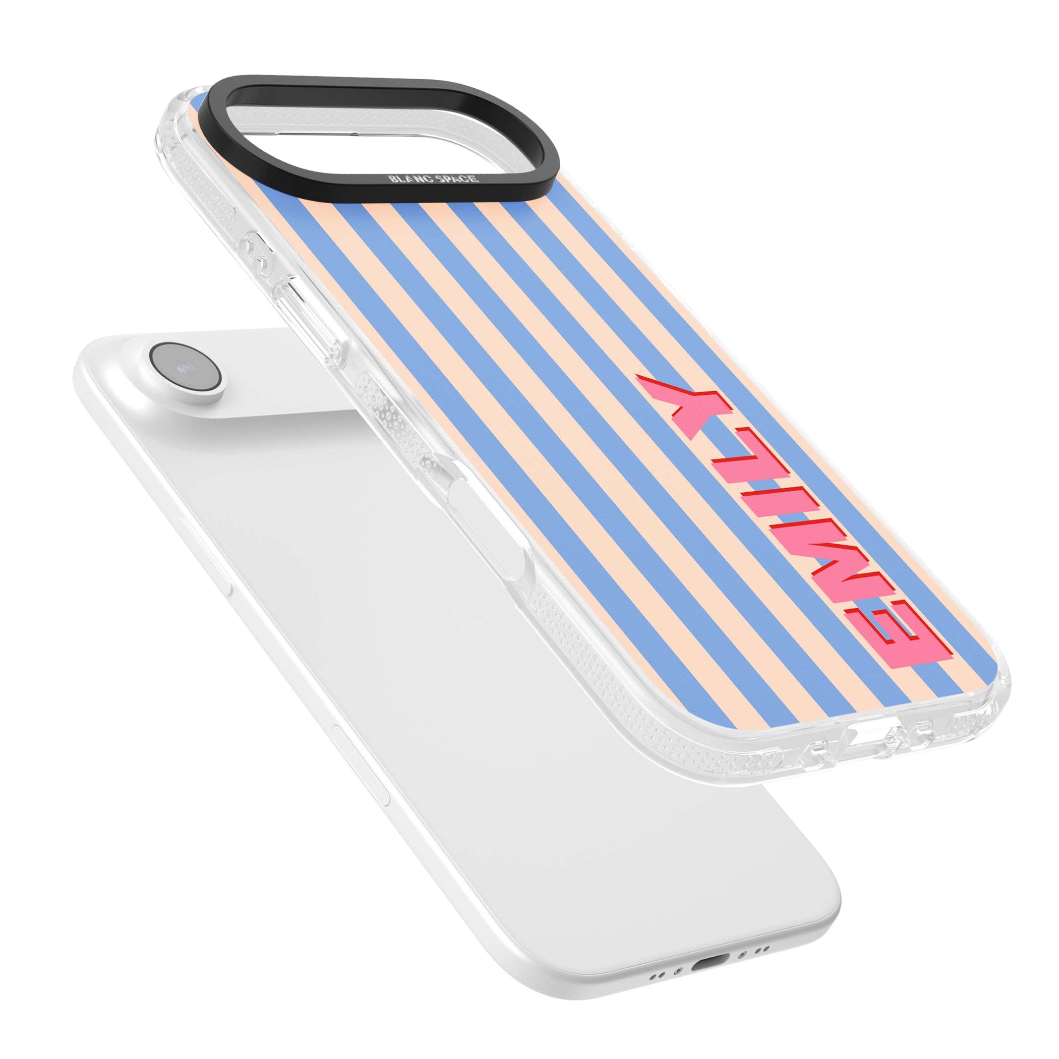 Coastal Stripe personalised coastal iPhone case with blue and peach vertical stripes and custom pink name | Clear Case Impact Air case for iPhone Air