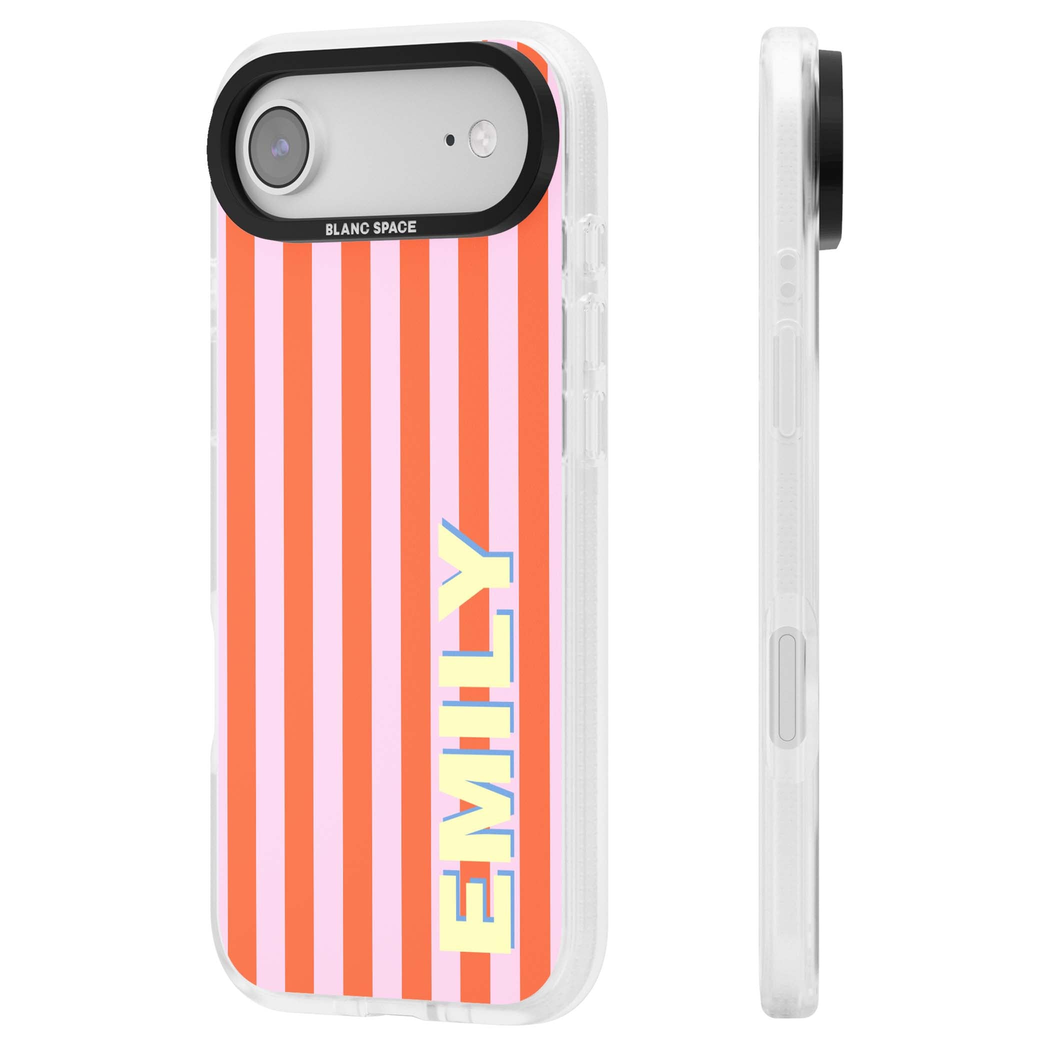 Havana Stripe personalised iPhone case featuring pink and orange vertical stripes with a custom yellow name | Clear Case Impact Air case for iPhone Air