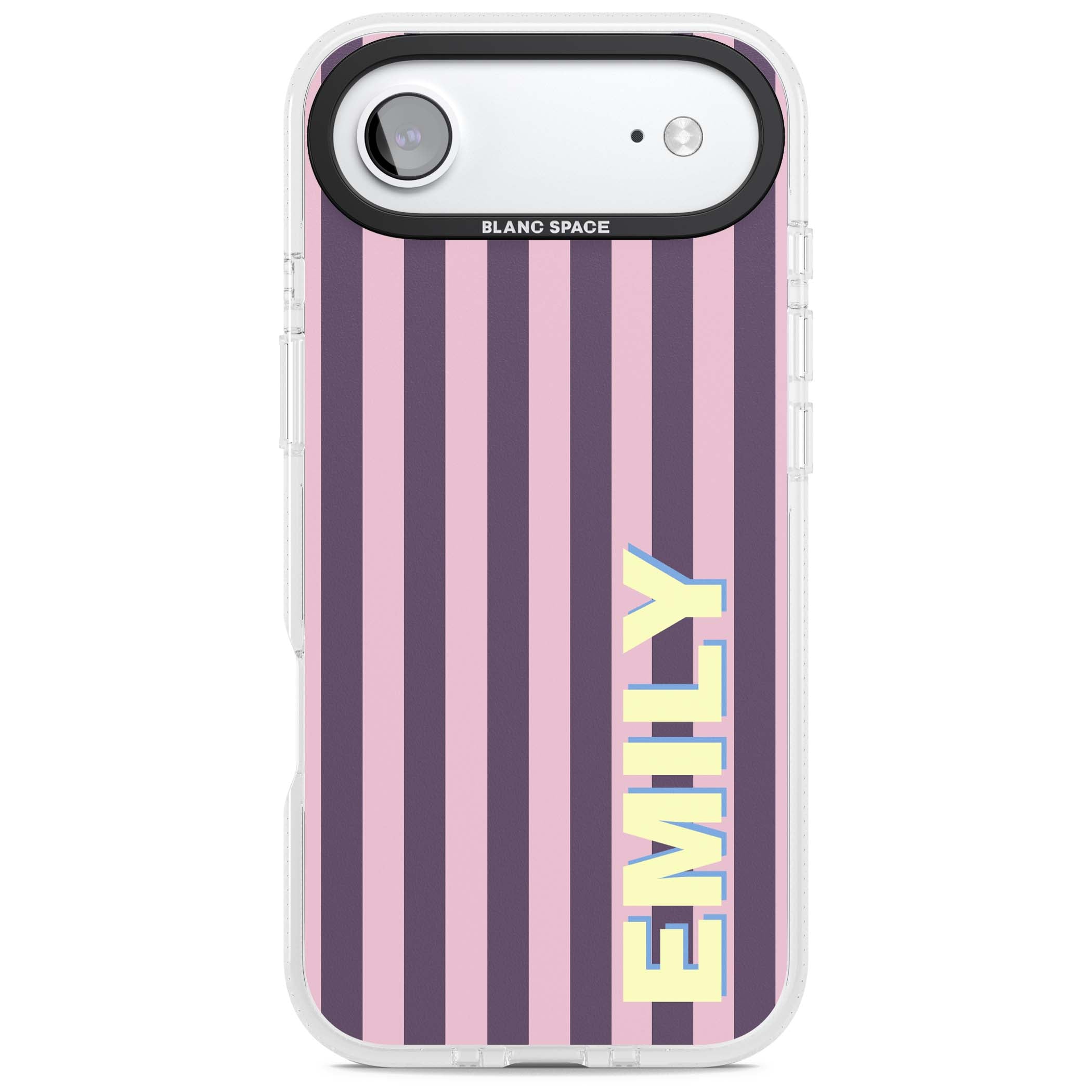 Tyre Stripe personalised stripe iPhone case with plum and pink vertical stripes and custom yellow name | Clear Case Impact Air case for iPhone Air