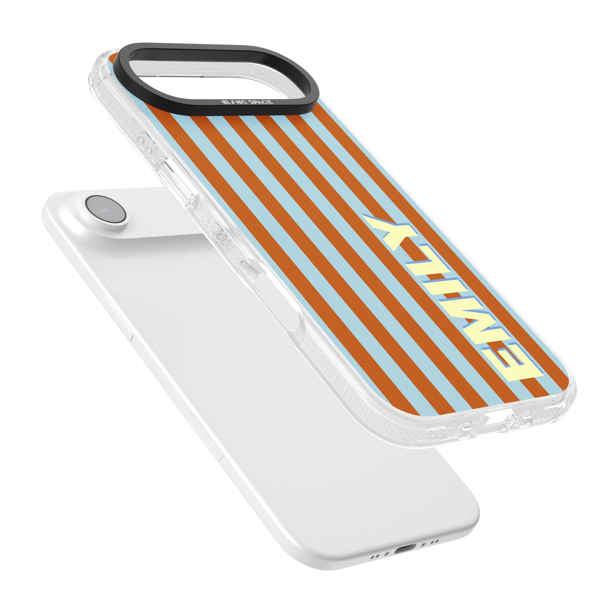 Cappadocia Stripe personalised coastal iPhone case featuring blue and orange vertical stripes with custom cream name | Clear Case Impact Air case for iPhone Air
