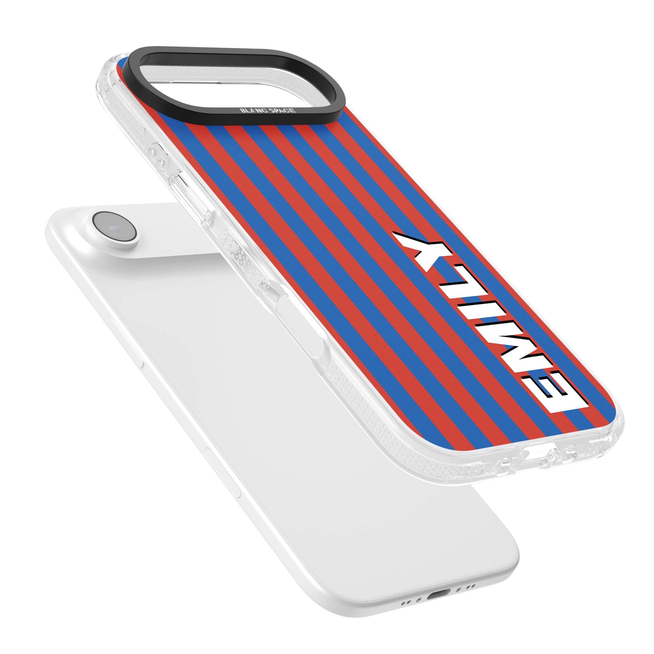 Cuban Stripe personalised iPhone case featuring red and blue vertical stripes with custom name in bold white letters | Clear Case Impact Air case for iPhone Air
