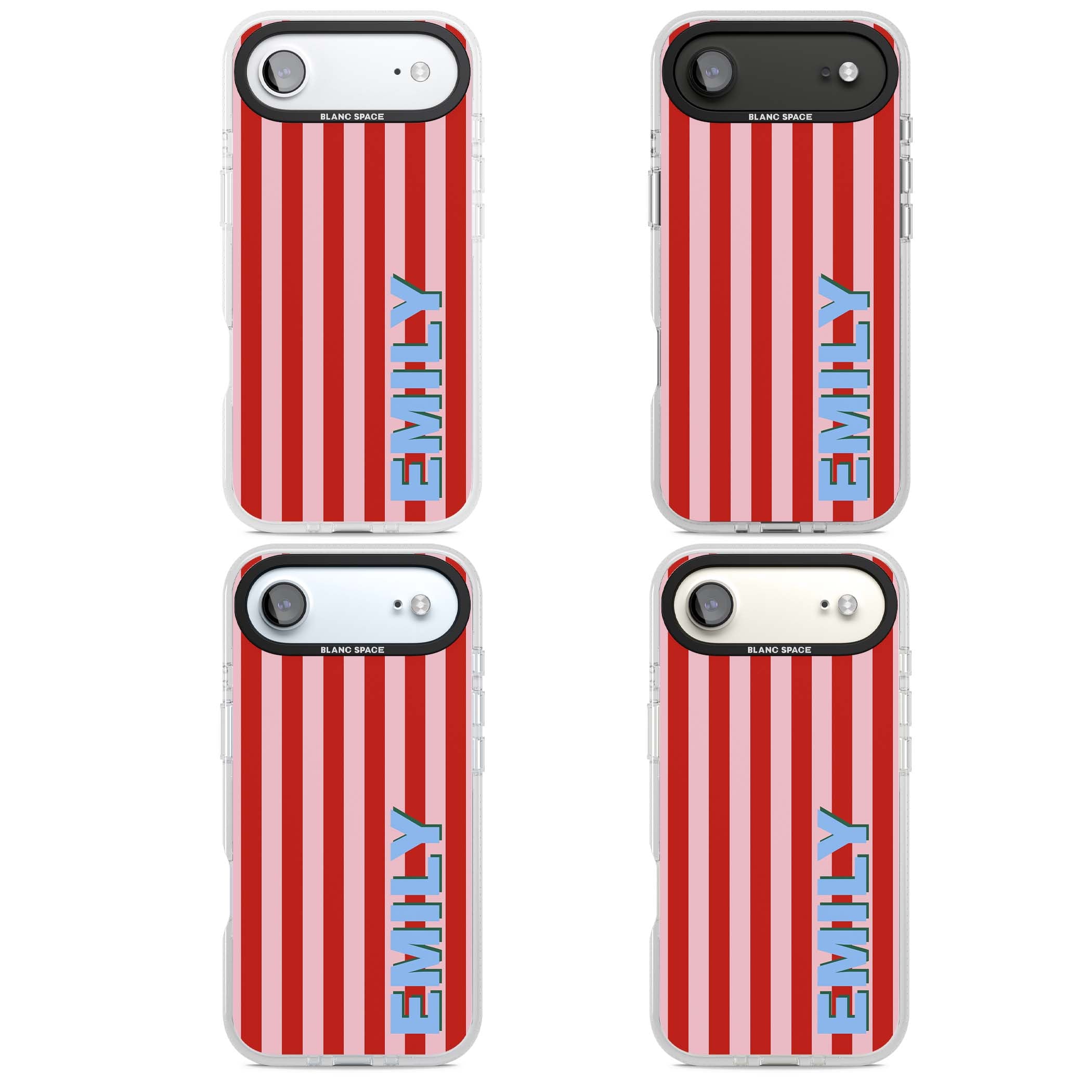 Market Stripe personalised iPhone case with red and pink vertical stripes and custom blue name | Clear Case Impact Air case for iPhone Air