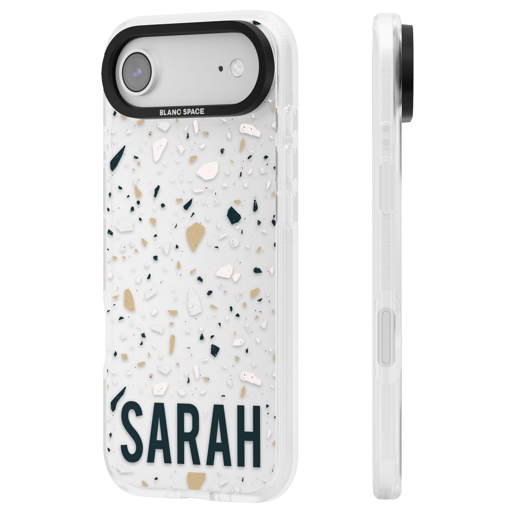 Personalised Terrazzo Blue, Pink, Brown iPhone 17 Air Impact Air Clear Phone Case Side Profile