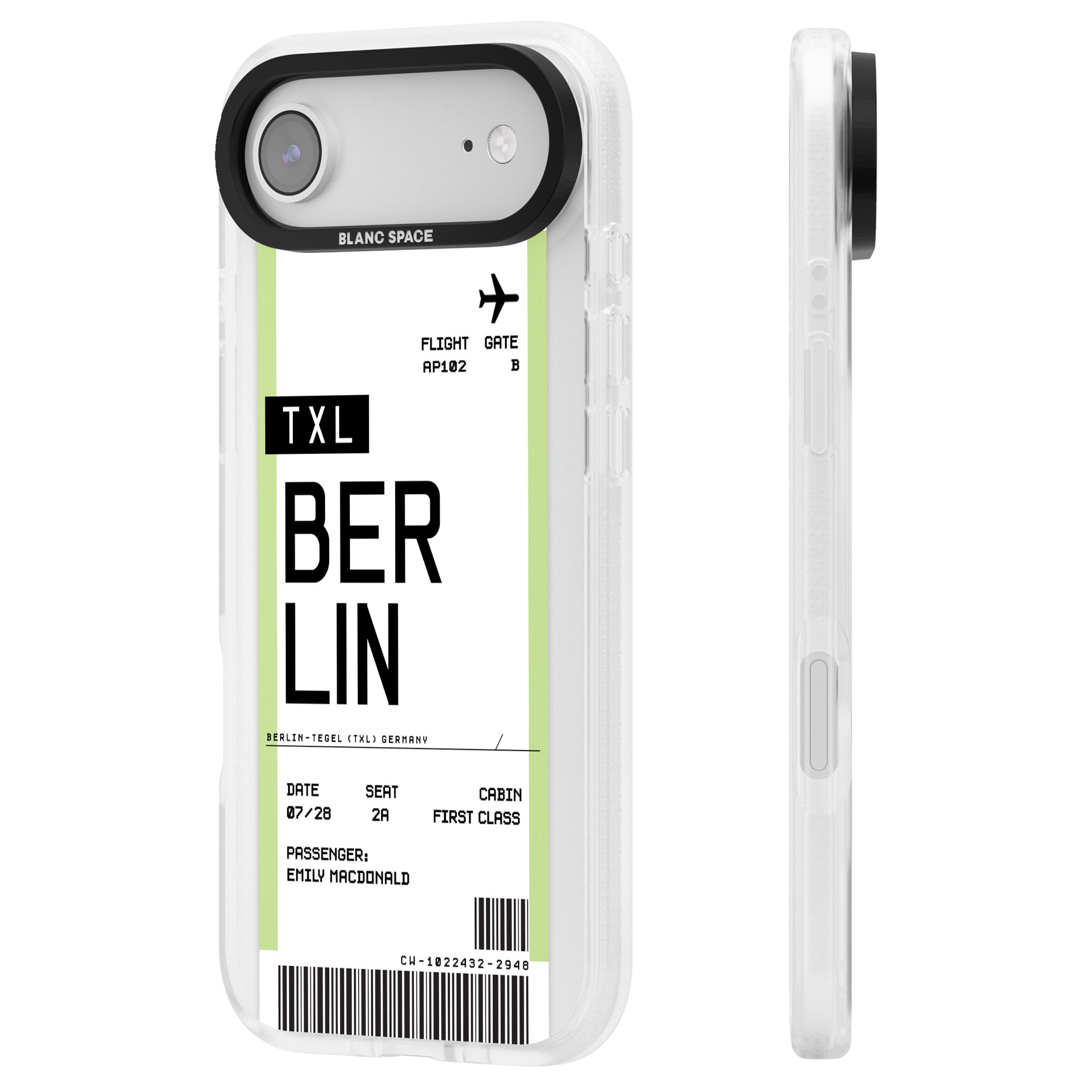 Personalised Berlin Boarding Pass iPhone 17 Air Impact Air Clear Phone Case Side Profile