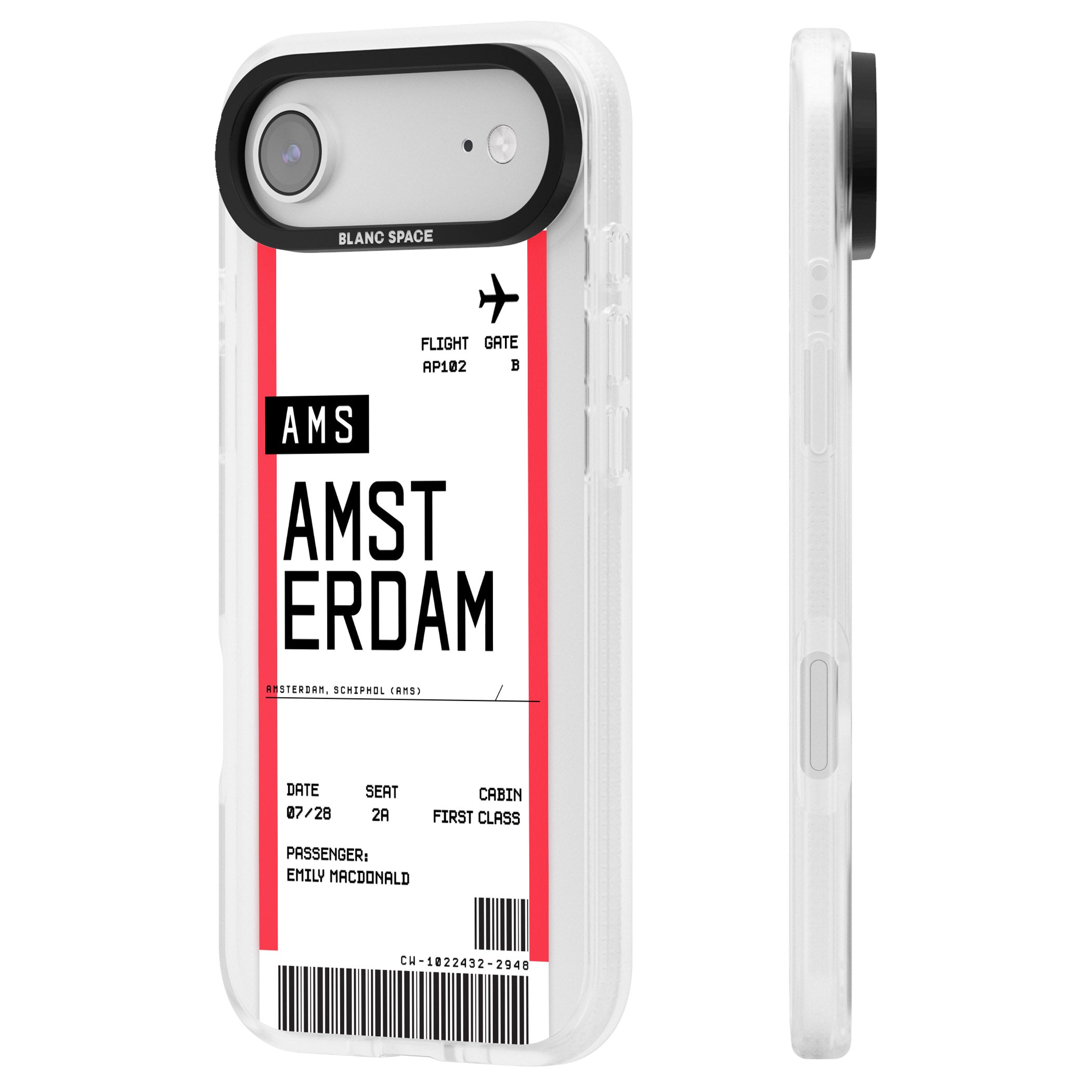 Personalised Amsterdam Boarding Pass iPhone 17 Air Impact Air Clear Phone Case Side Profile