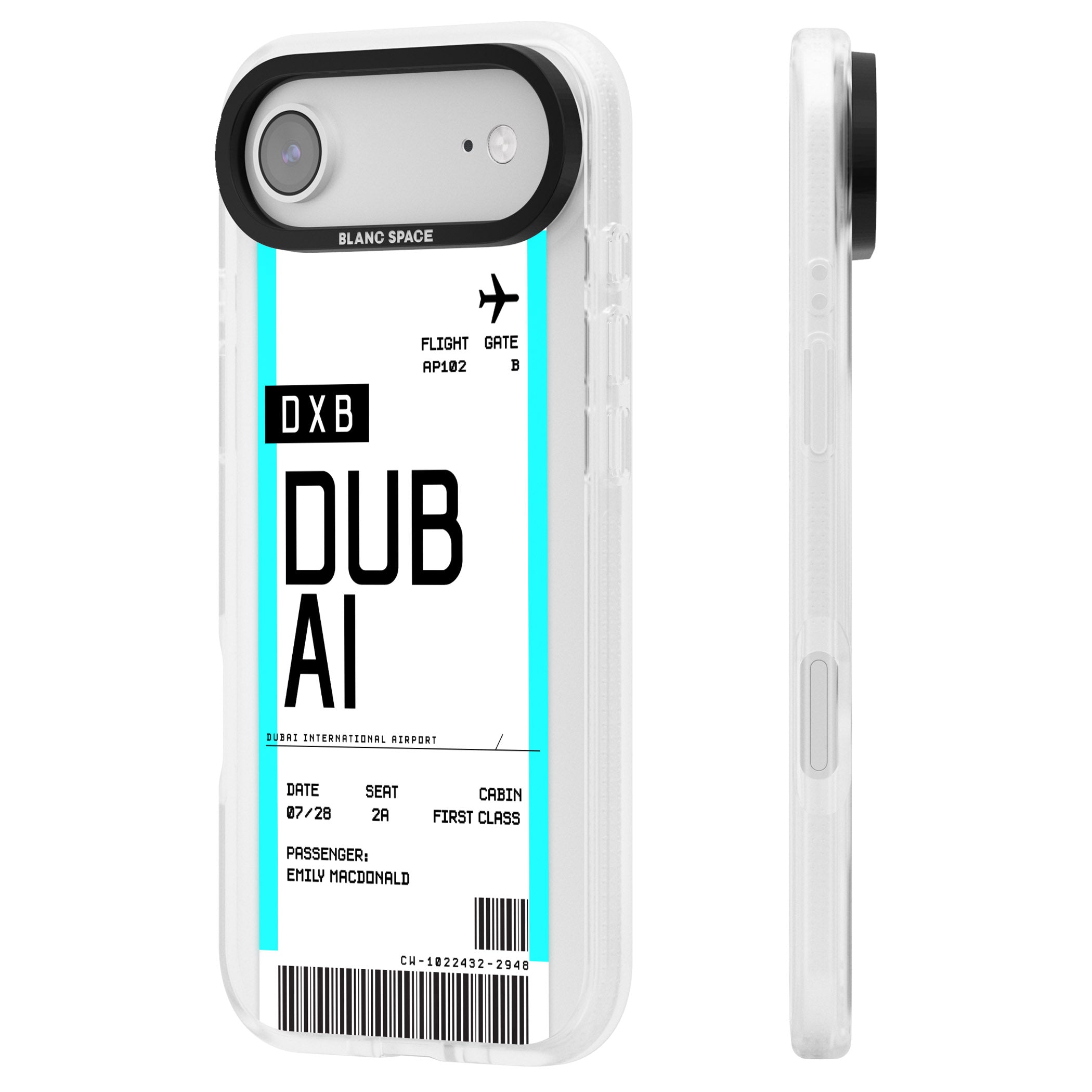Personalised Dubai Boarding Pass iPhone 17 Air Impact Air Clear Phone Case Side Profile