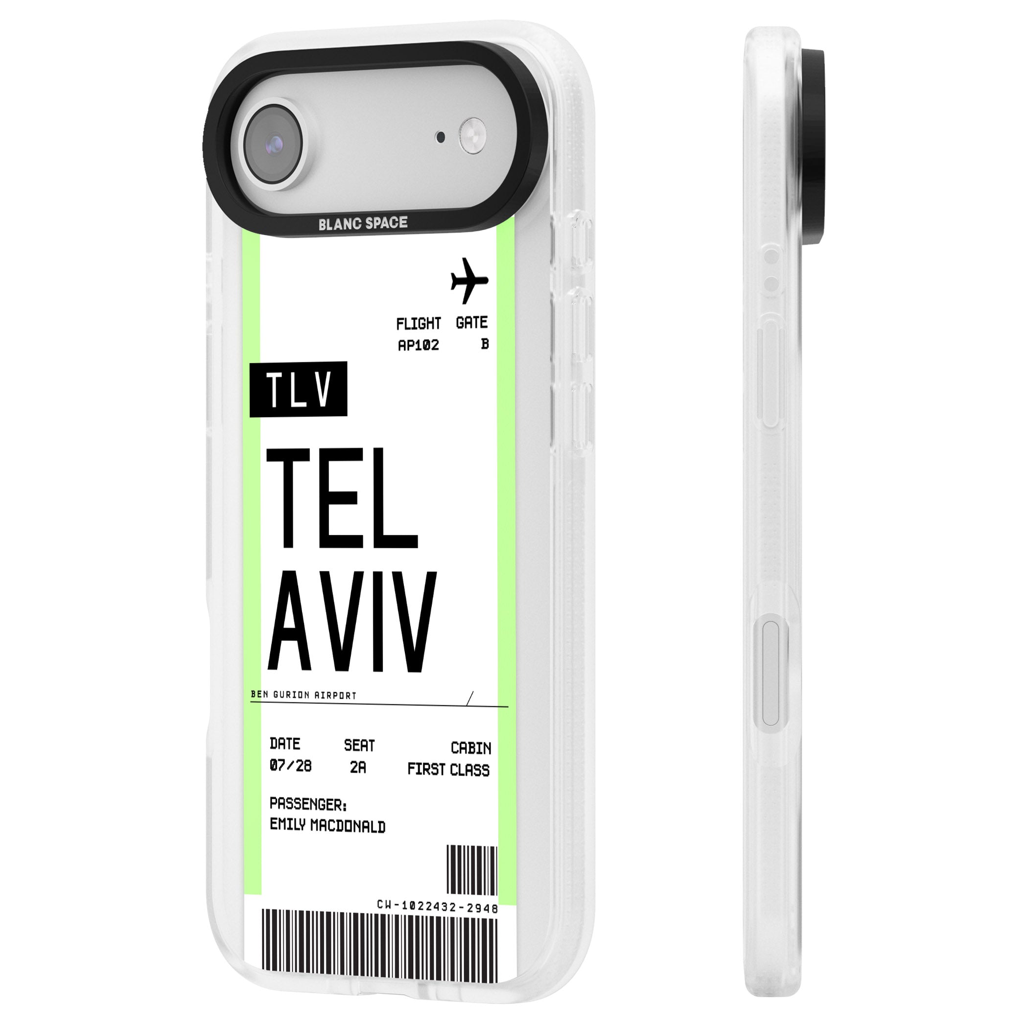 Personalised Tel Aviv Boarding Pass iPhone 17 Air Impact Air Clear Phone Case Side Profile
