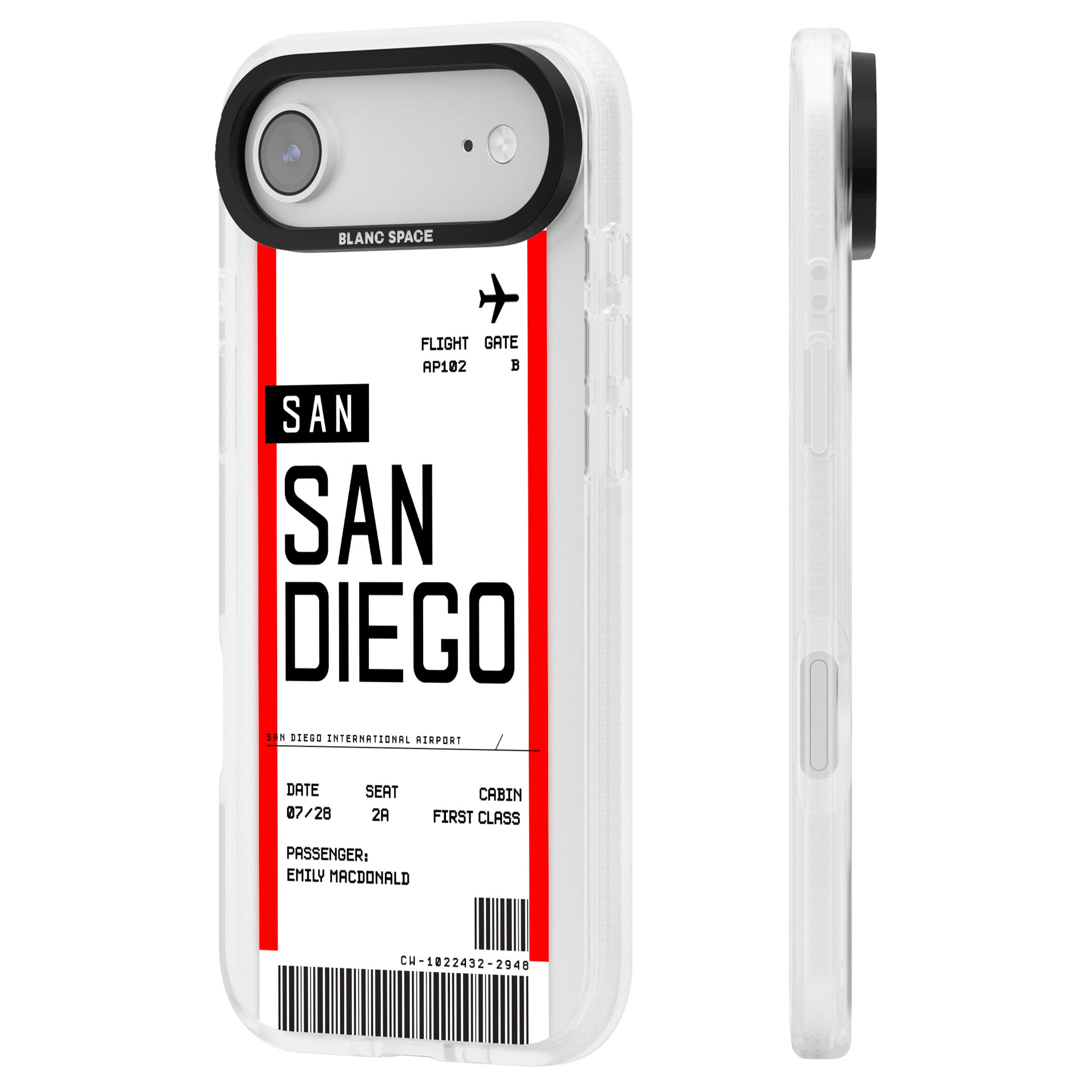 Personalised San Diego Boarding Pass iPhone 17 Air Impact Air Clear Phone Case Side Profile