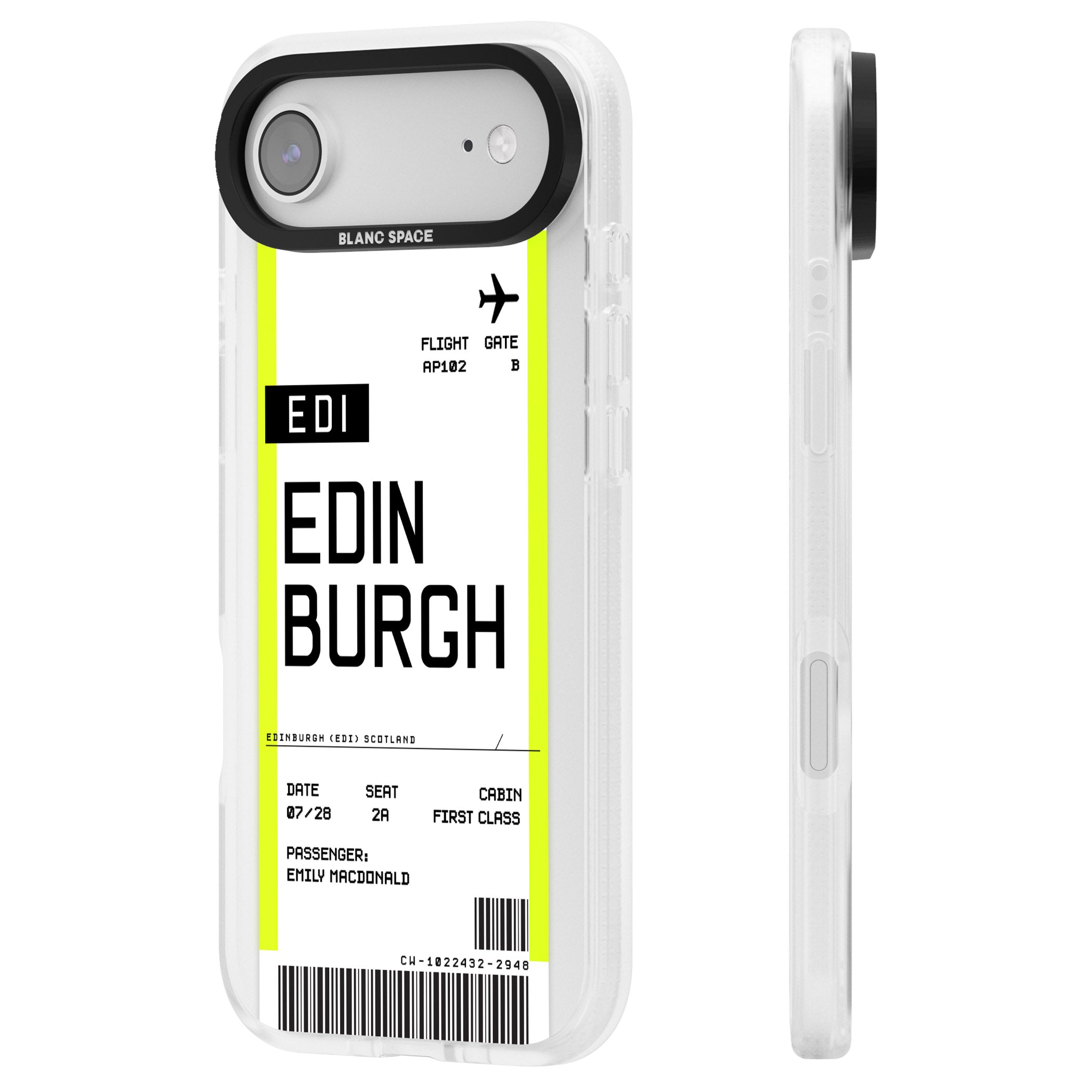 Personalised Edinburgh Boarding Pass iPhone 17 Air Impact Air Clear Phone Case Side Profile