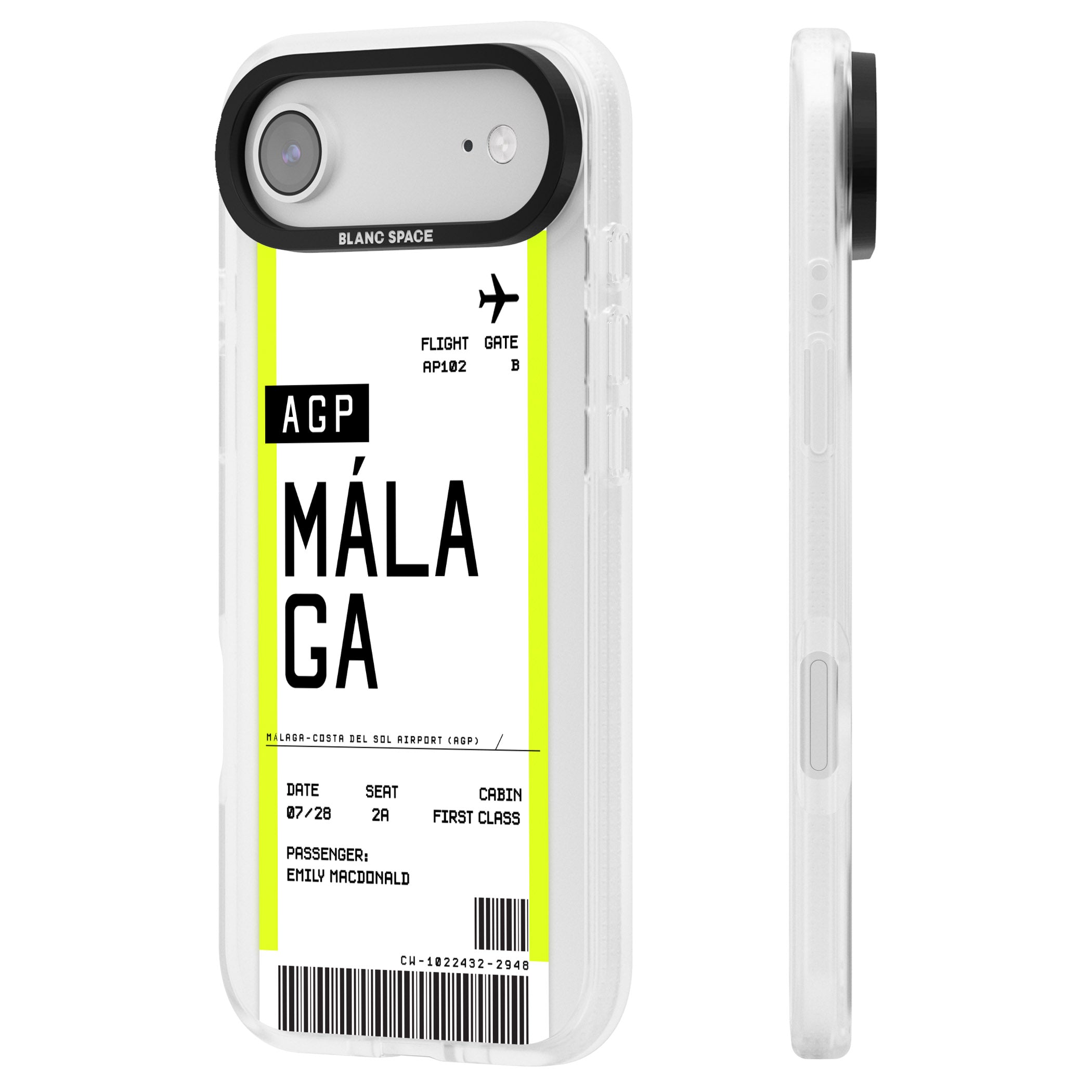 Personalised Málaga Boarding Pass iPhone 17 Air Impact Air Clear Phone Case Side Profile
