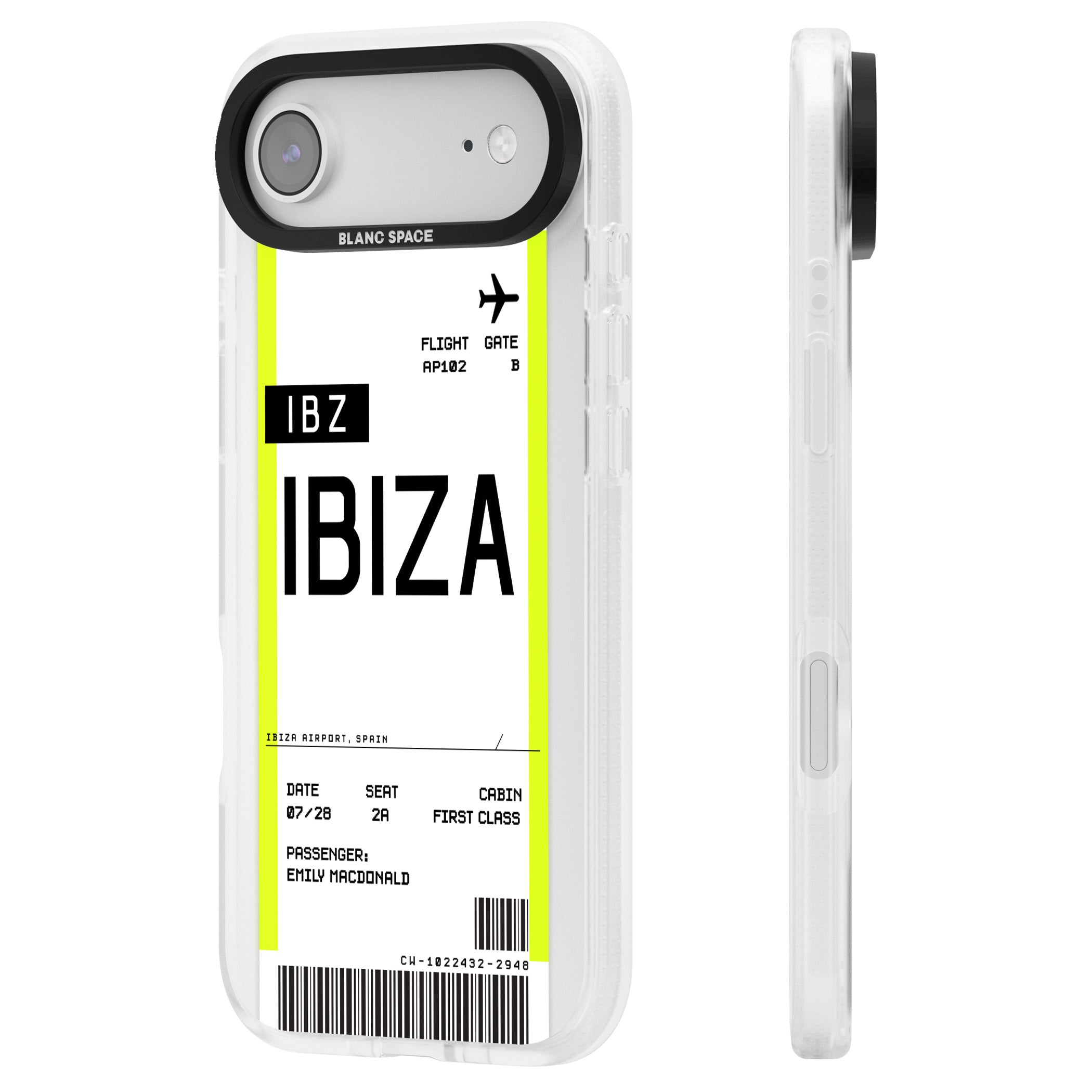 Personalised Ibiza Boarding Pass iPhone 17 Air Impact Air Clear Phone Case Side Profile