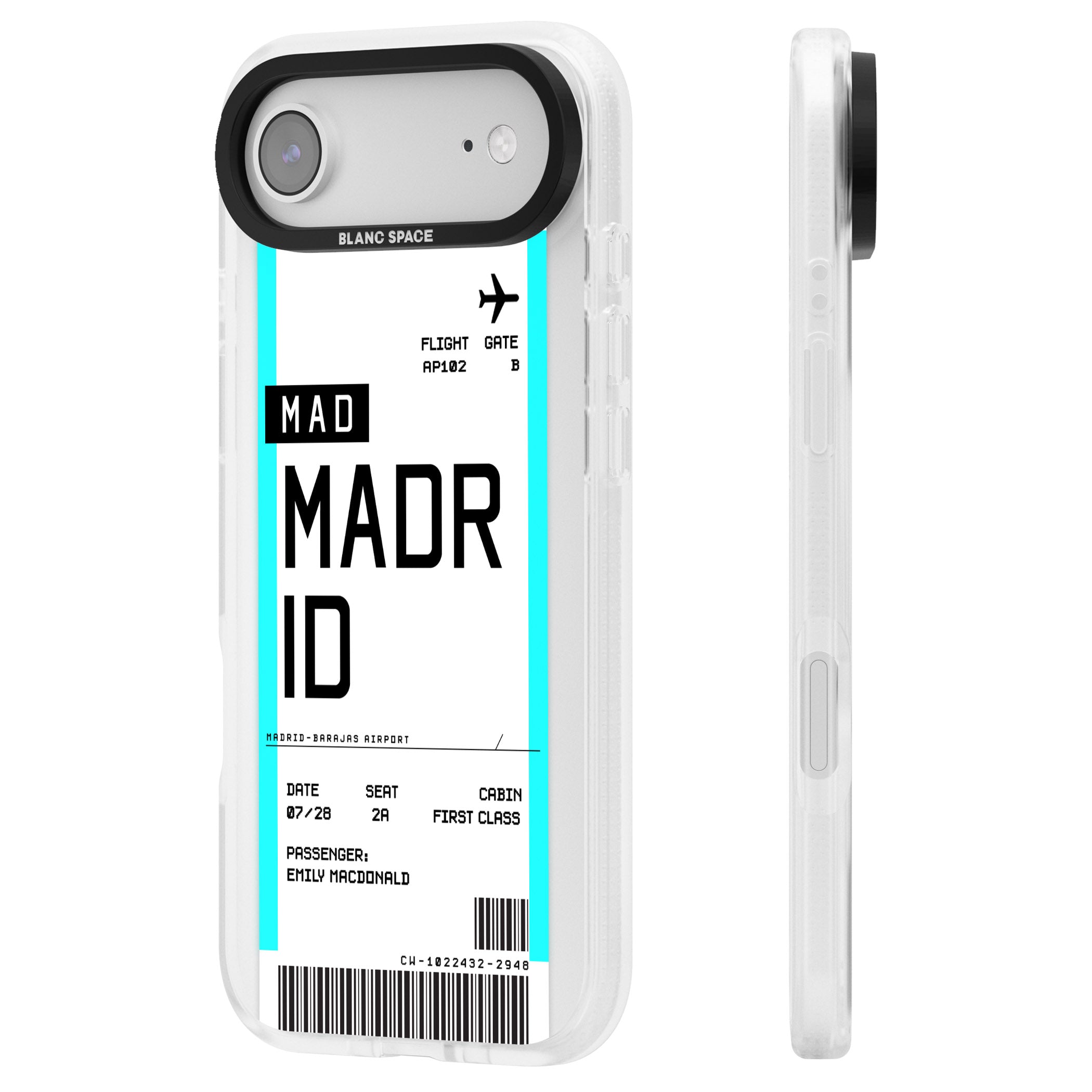Personalised Madrid Boarding Pass iPhone 17 Air Impact Air Clear Phone Case Side Profile