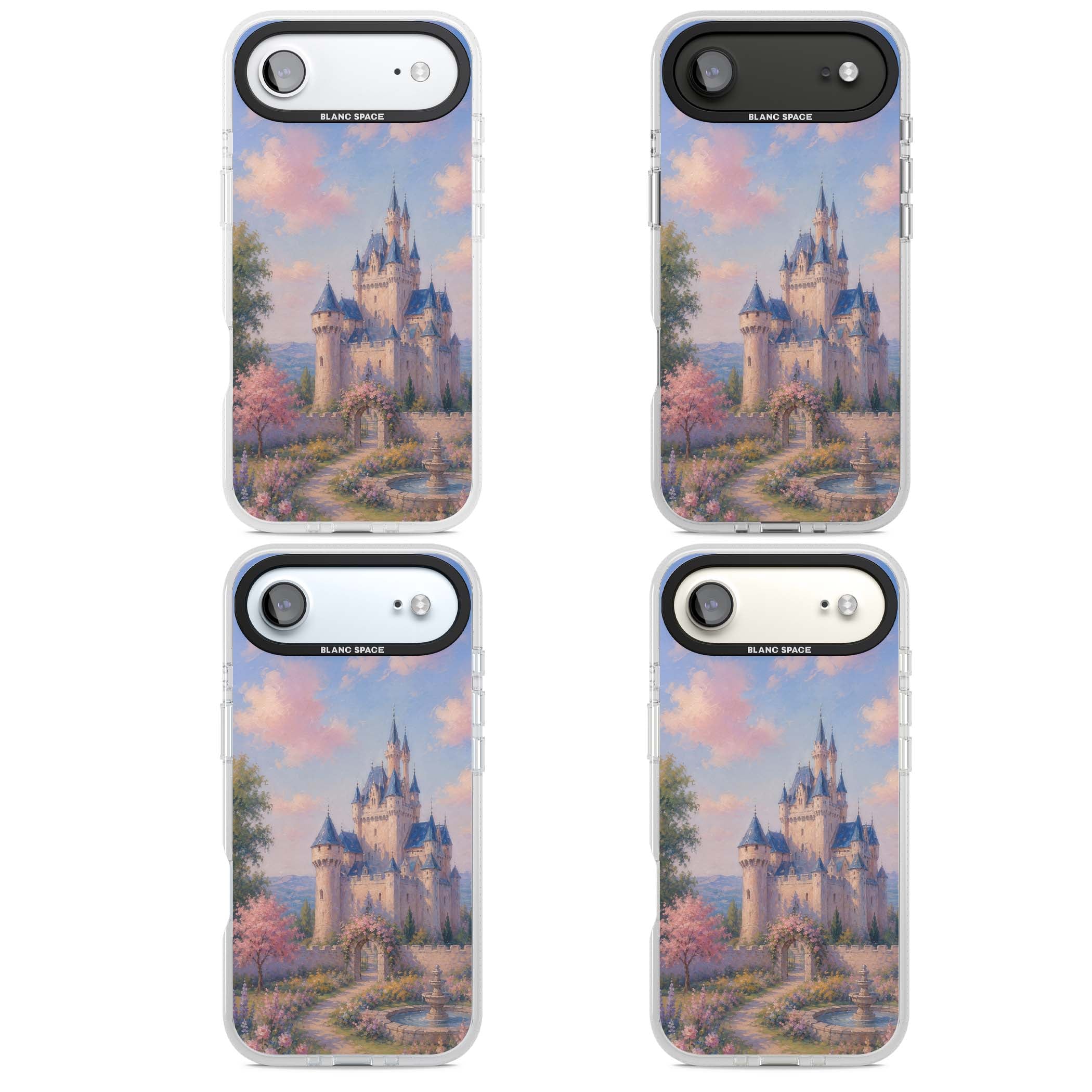 Enchanted Kingdom fairytale iPhone case featuring a romantic castle painting with cherry blossoms and pastel pink sky | Clear Case Impact Air case for iPhone Air