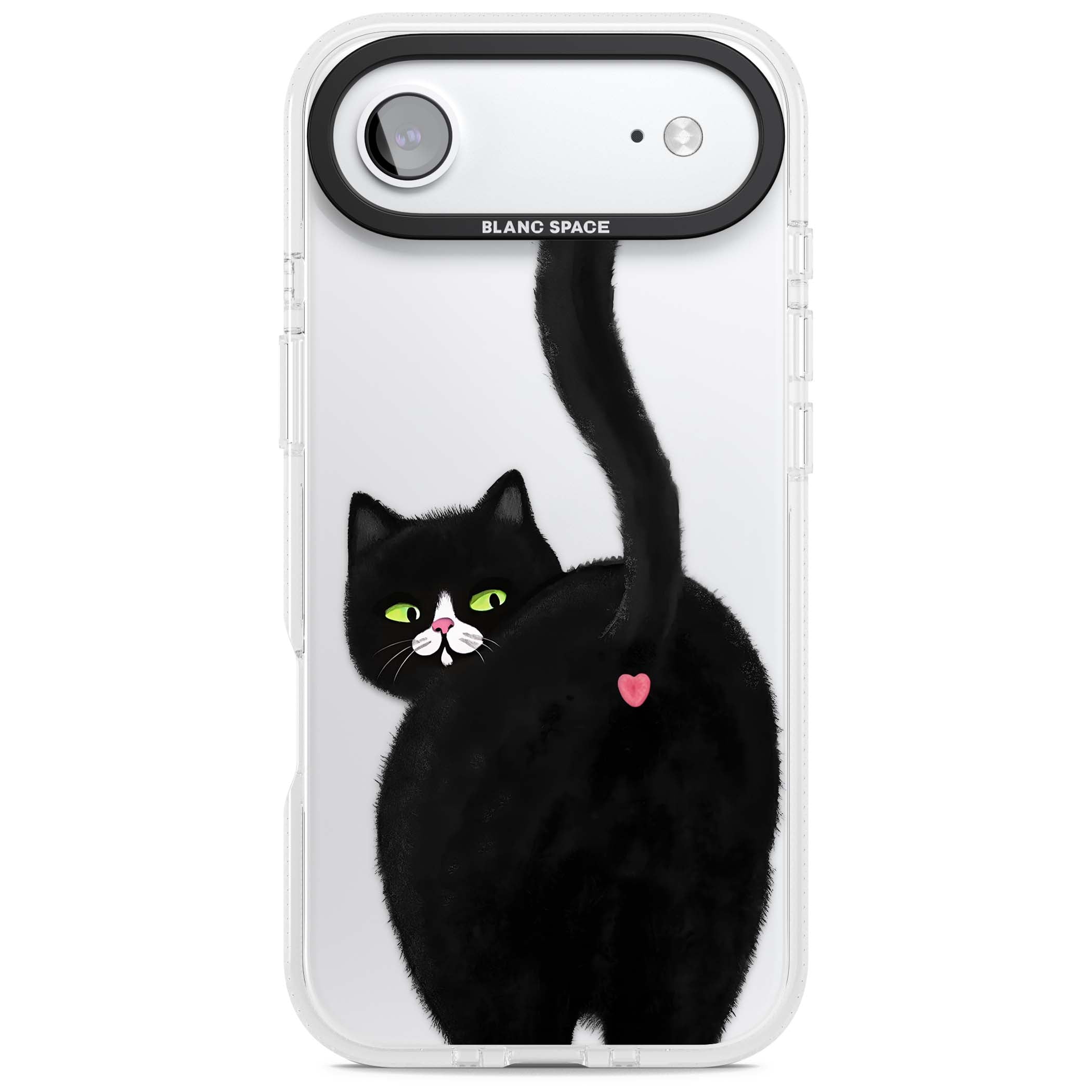 The Cat's Kiss cute cat iPhone case featuring a hand-painted tuxedo kitty with green eyes and a pink heart on a clear | Clear Case Impact Air case for iPhone Air