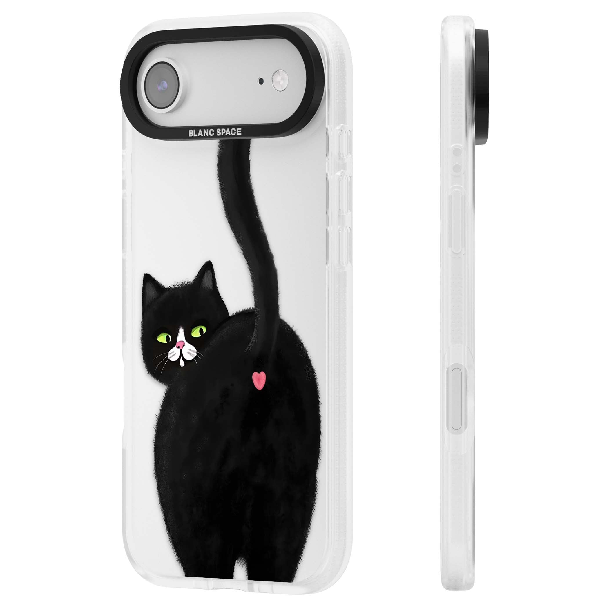 The Cat's Kiss cute cat iPhone case featuring a hand-painted tuxedo kitty with green eyes and a pink heart on a clear | Clear Case Impact Air case for iPhone Air