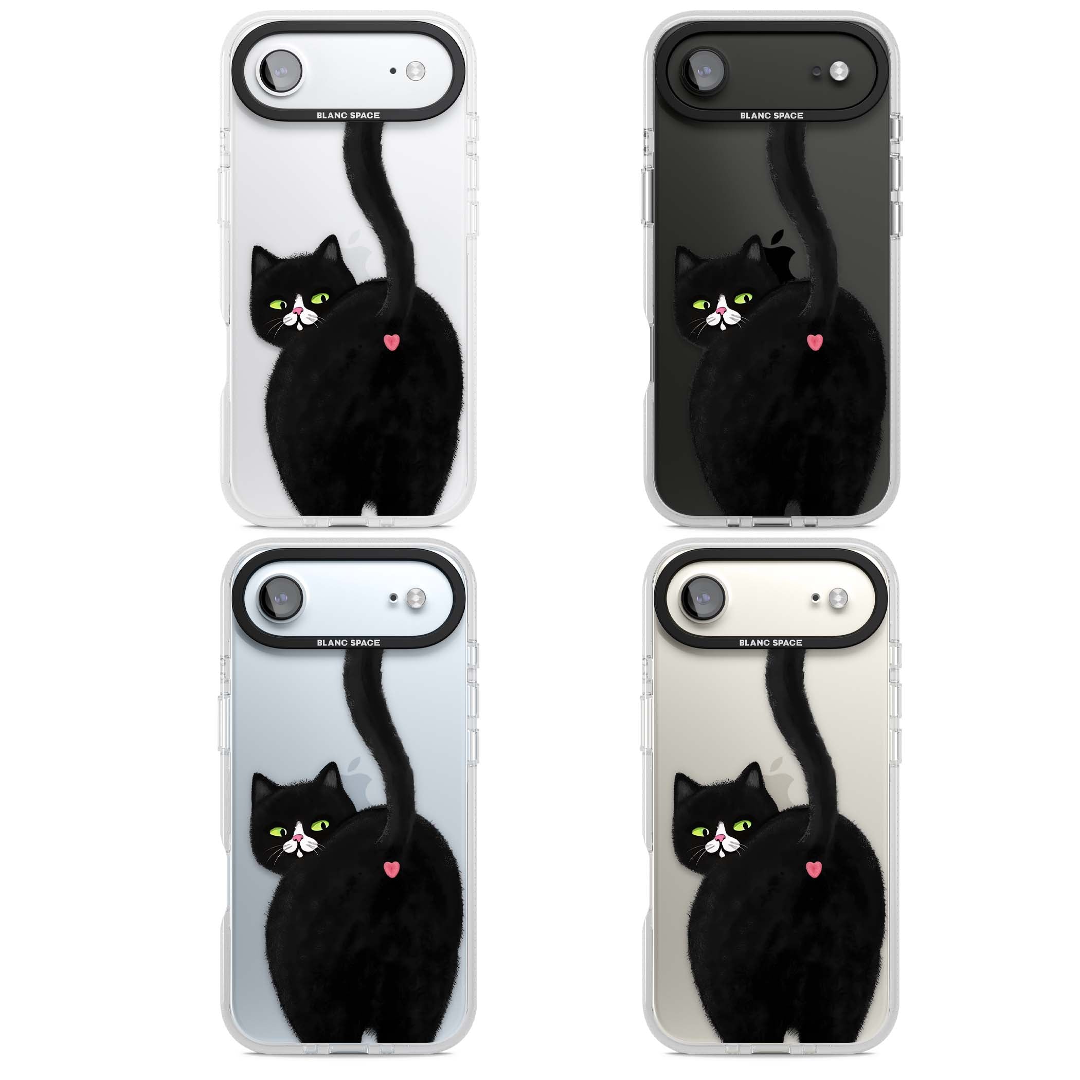 The Cat's Kiss cute cat iPhone case featuring a hand-painted tuxedo kitty with green eyes and a pink heart on a clear | Clear Case Impact Air case for iPhone Air