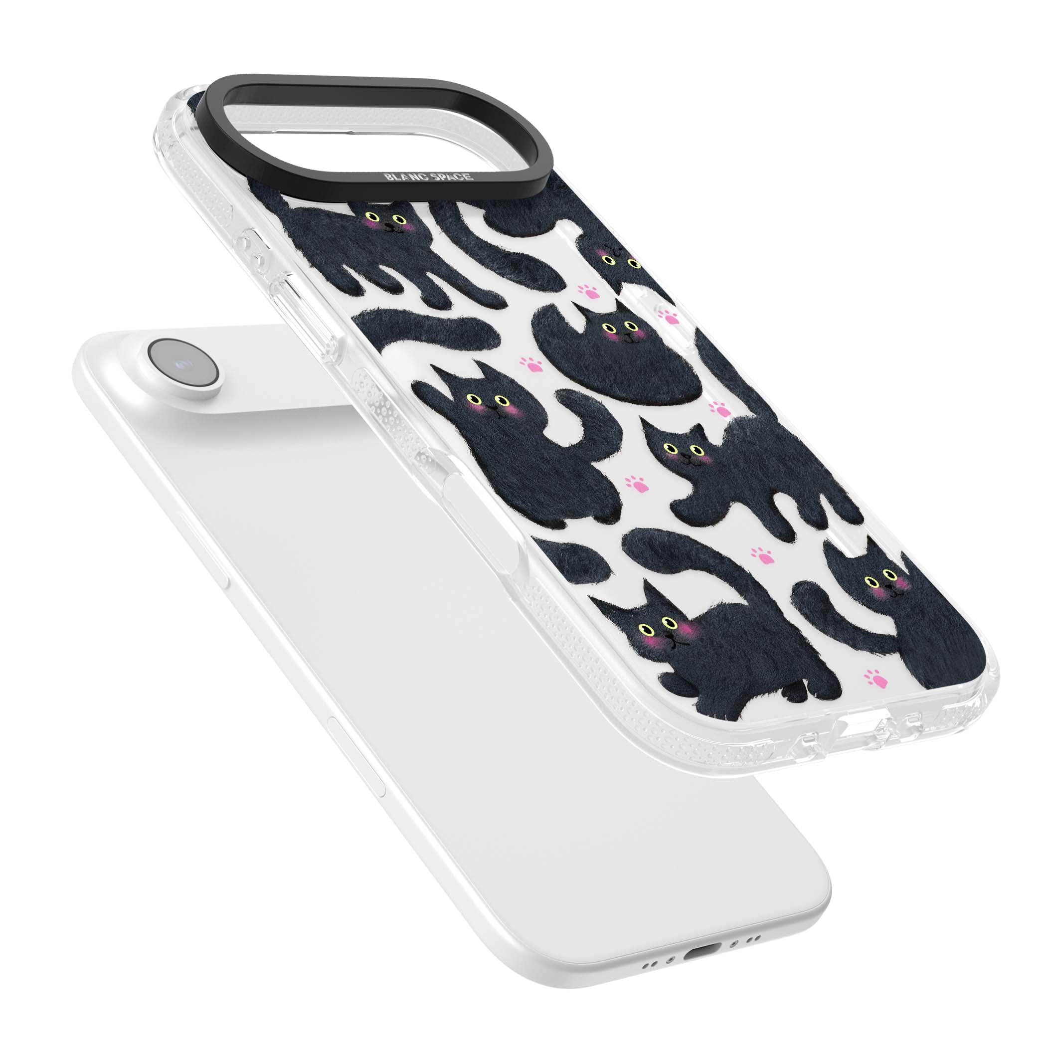 Midnight Cats cute iPhone case featuring black cat pattern with yellow eyes and pink paw prints | Clear Case Impact Air case for iPhone Air