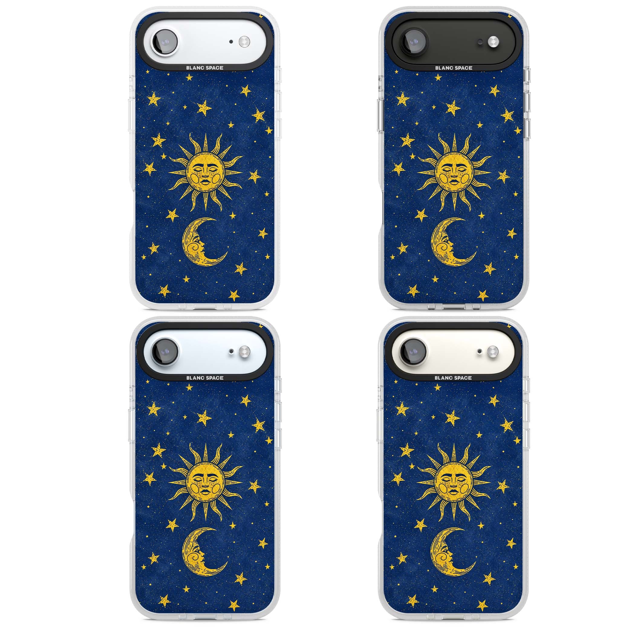 Sun & Moon Reverie celestial iPhone case featuring a vintage golden sun, crescent moon and scattered stars on midnight blue | Clear Case Impact Air case for iPhone Air