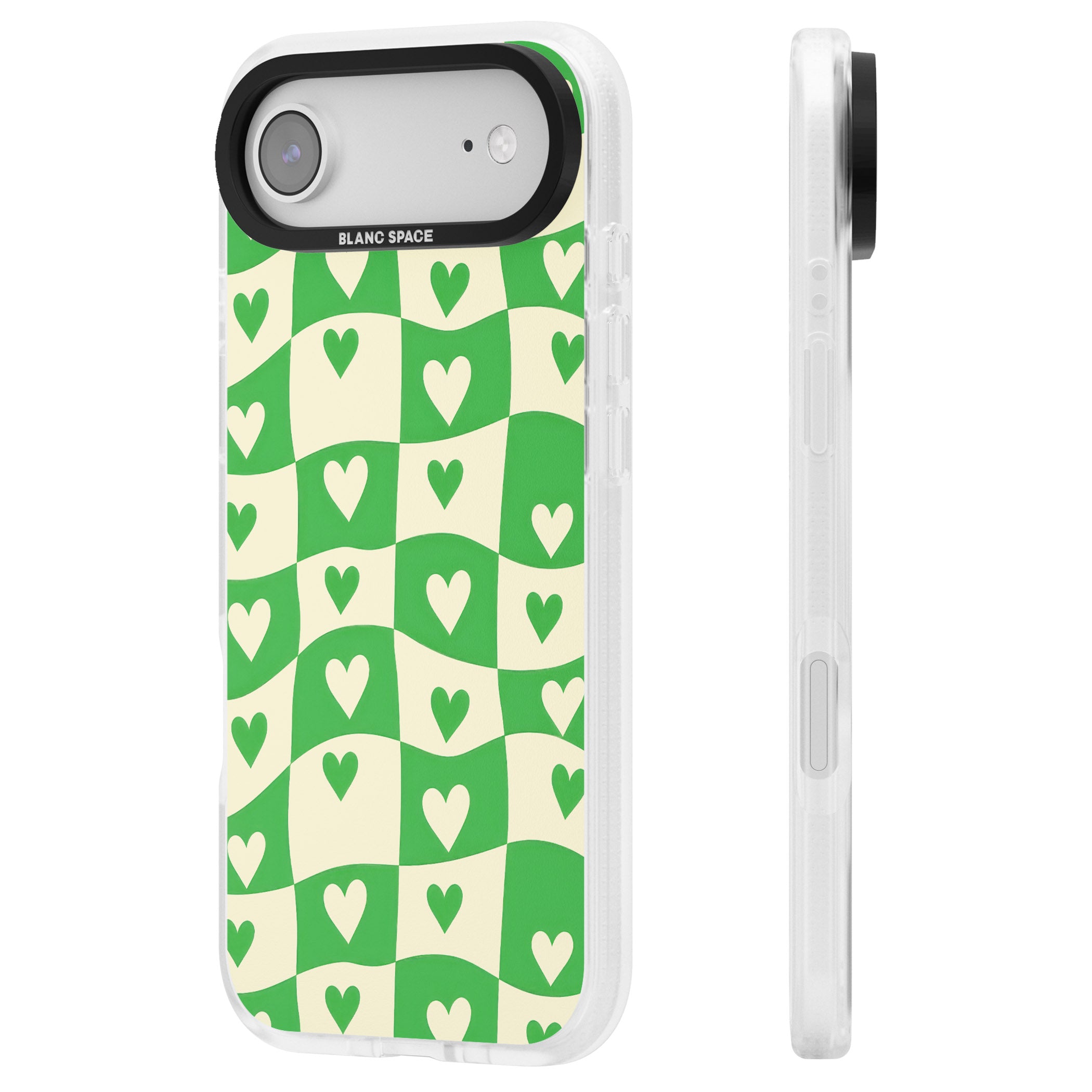 Green Wavy Checked Hearts iPhone 17 Air Impact Air Clear Phone Case Side Profile