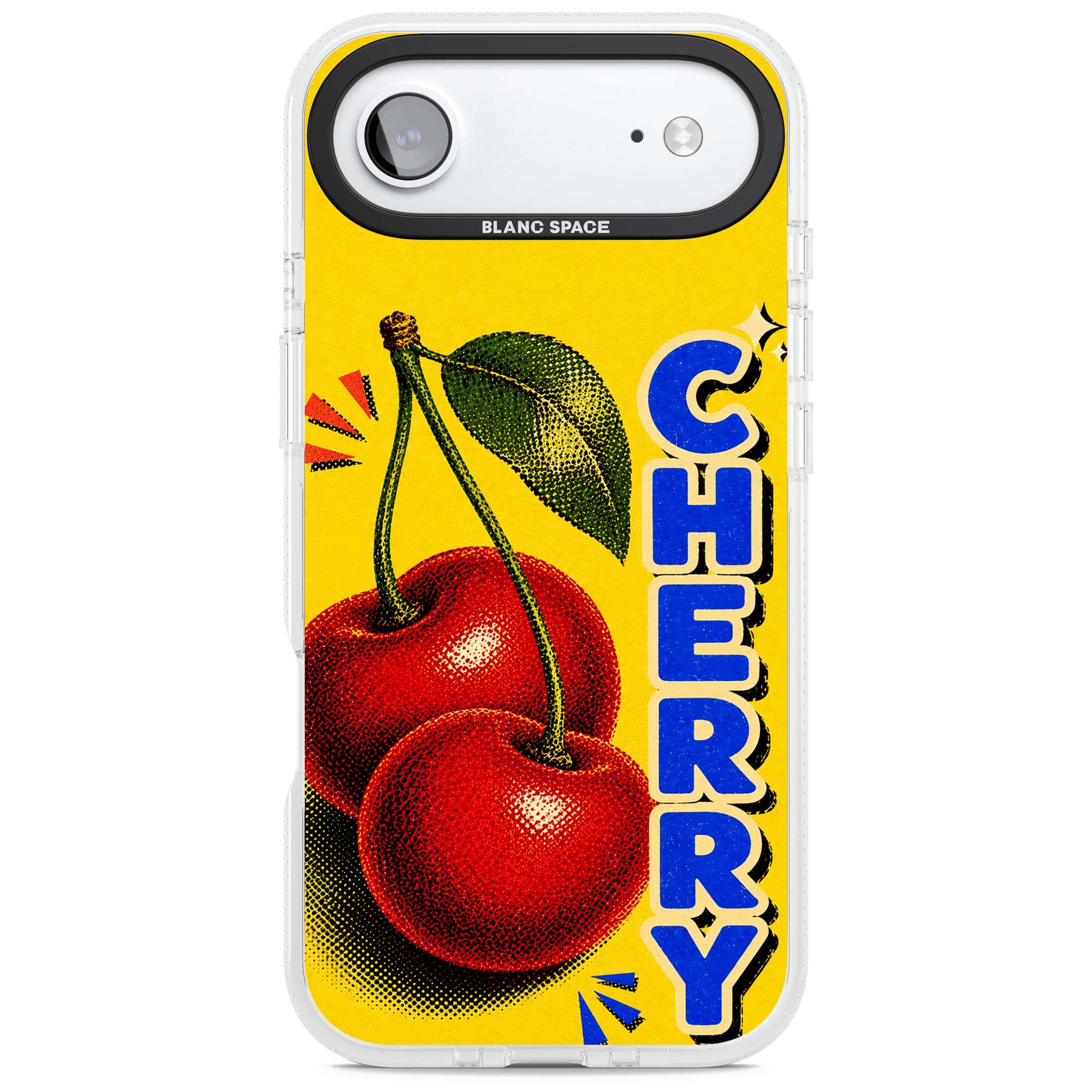 Cherry Yellow y2k iPhone case featuring two red cherries, halftone shading and bold blue CHERRY lettering on yellow | Clear Case Impact Air case for iPhone Air