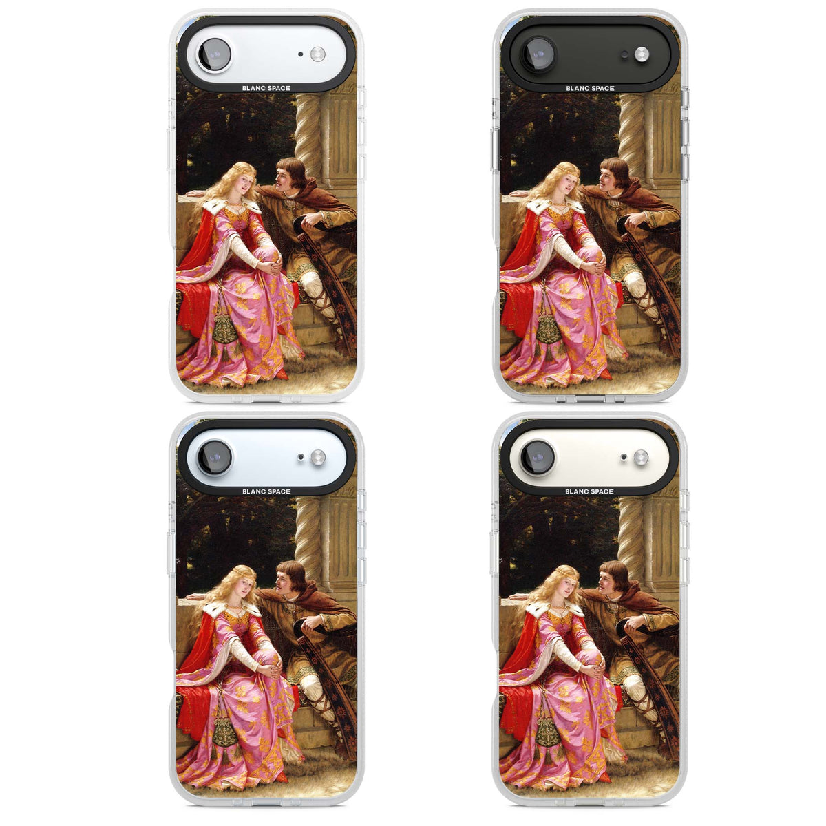The End of the Song classic art iPhone case featuring a medieval lady in pink gown and her knight in a stone archway | Clear Case Impact Air case for iPhone Air