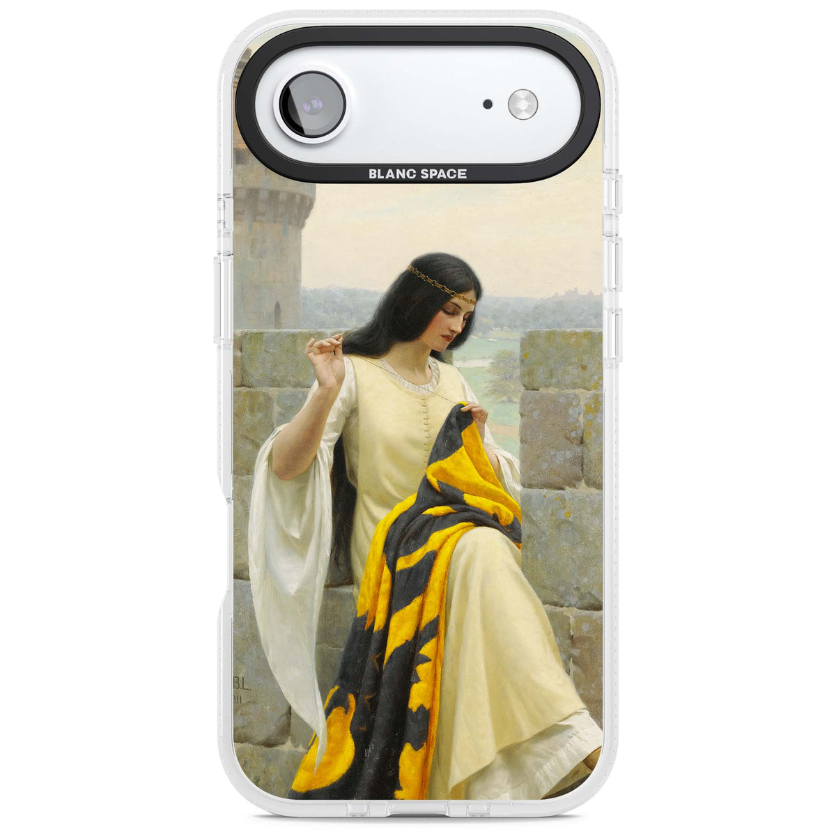 Stitching the Standard renaissance art iPhone case featuring a medieval lady sewing a golden banner on a castle wall | Clear Case Impact Air case for iPhone Air