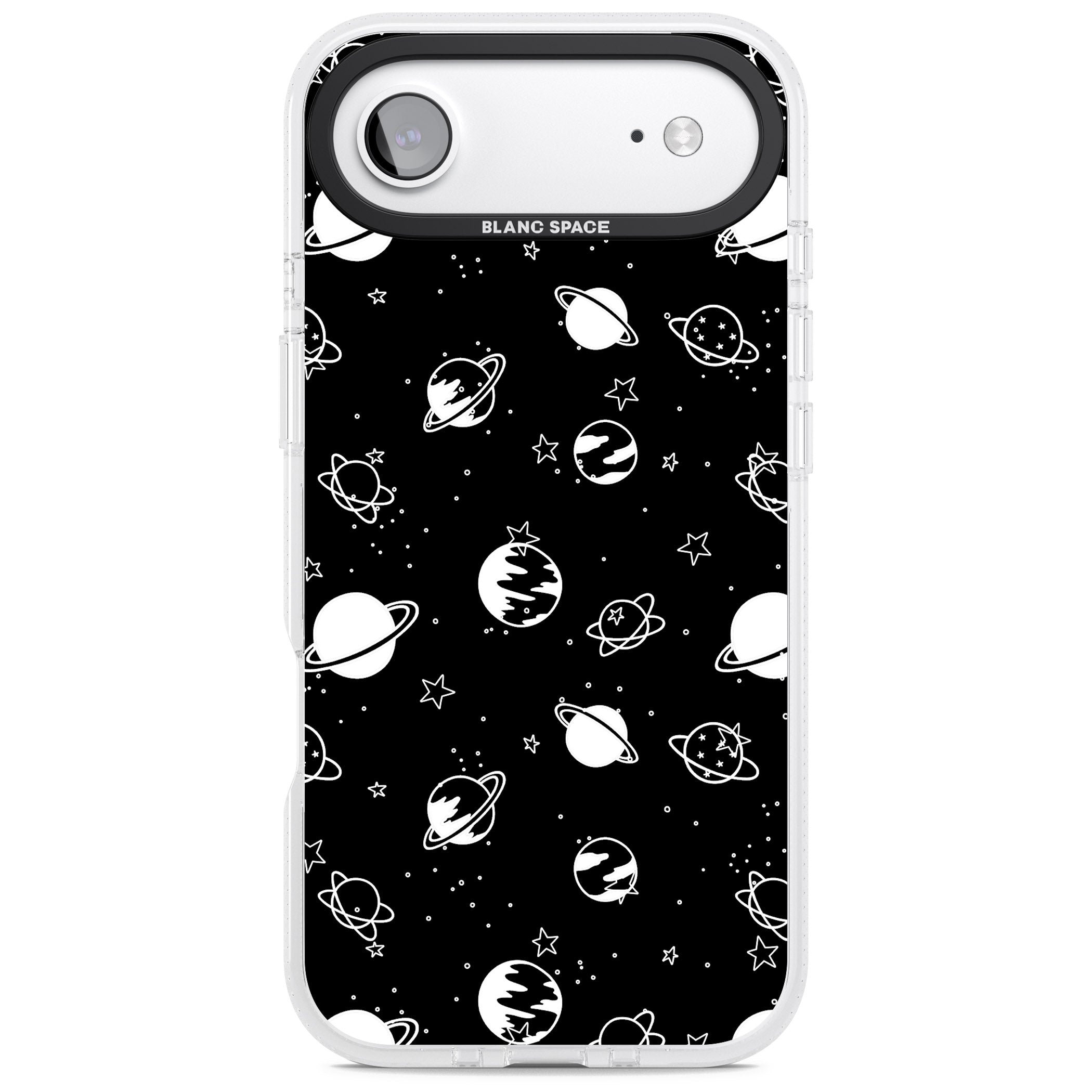 White Planets On Black iPhone 17 Air Impact Air Clear Phone Case