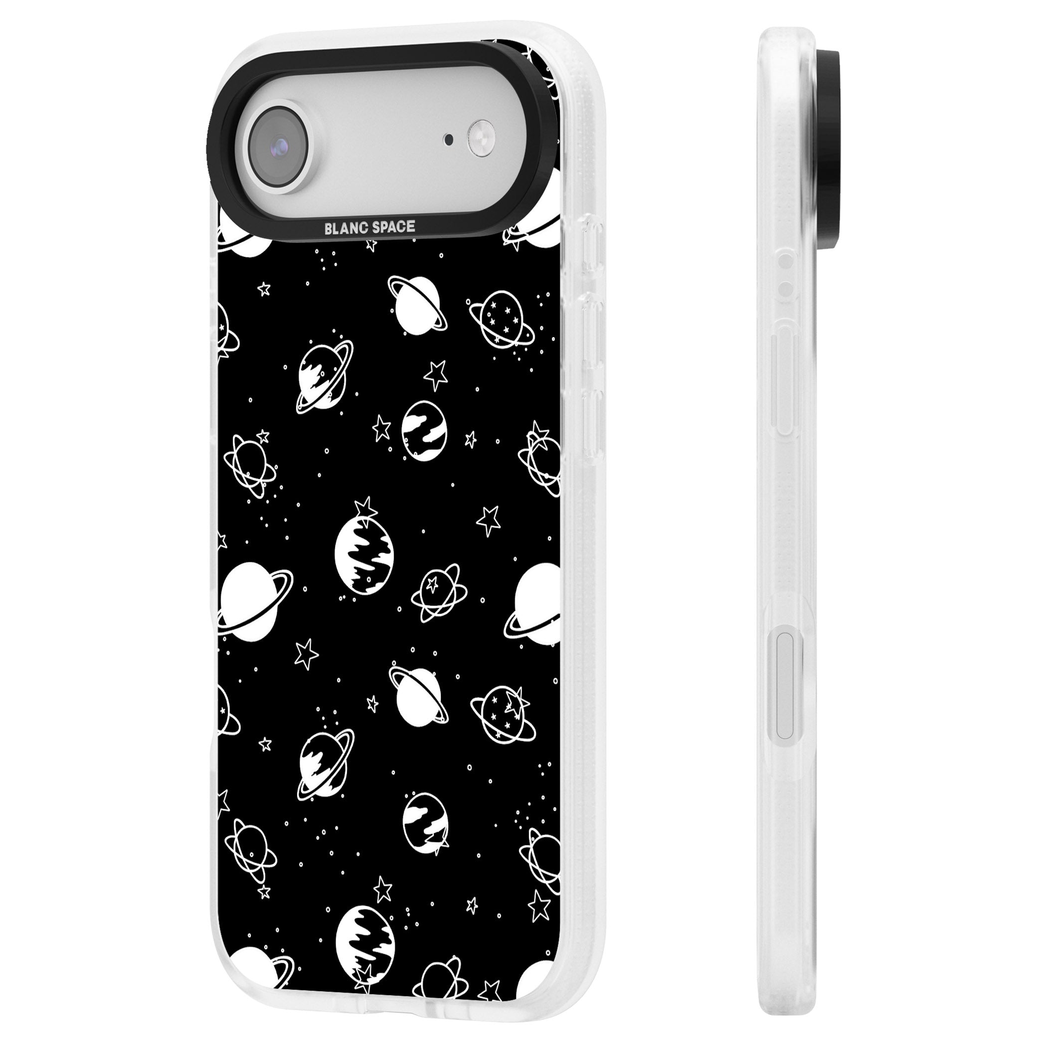 White Planets On Black iPhone 17 Air Impact Air Clear Phone Case Side Profile