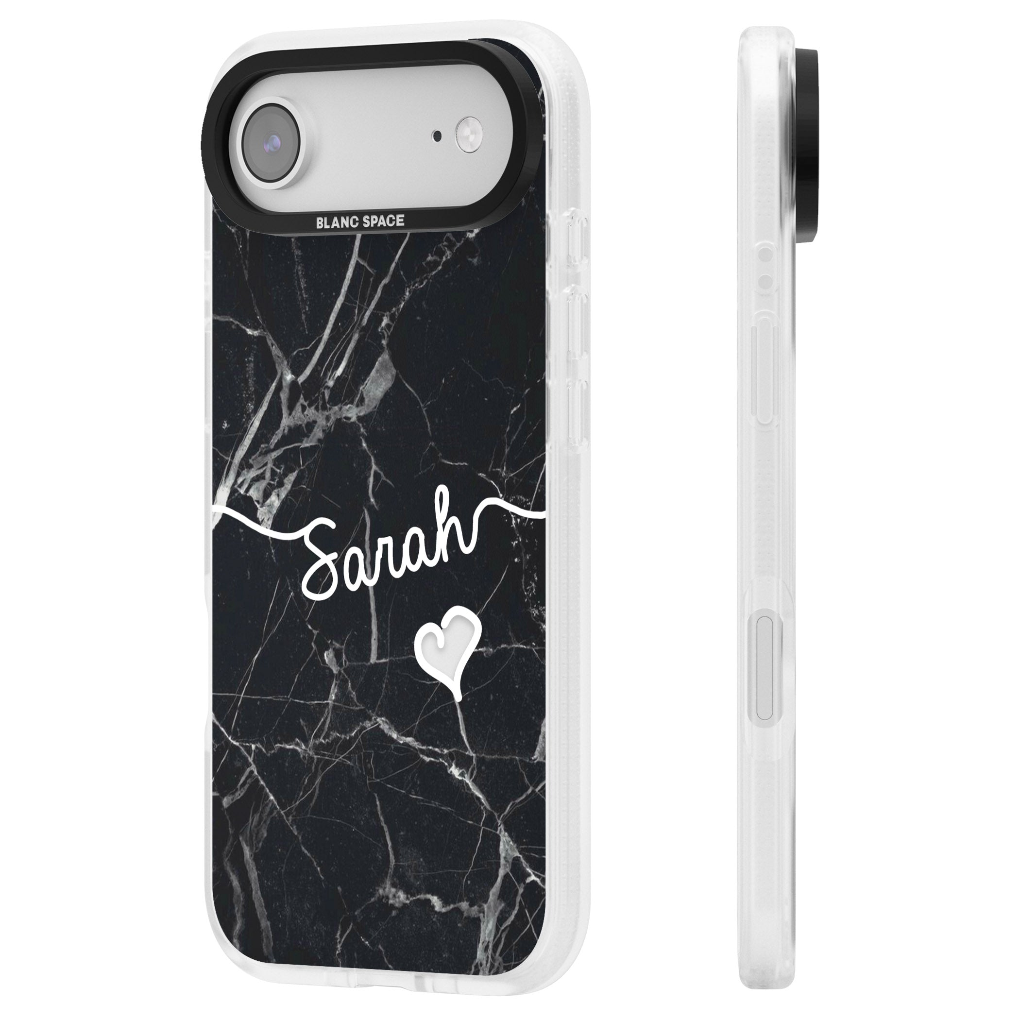 Personalised Black Marble Heart iPhone 17 Air Impact Air Clear Phone Case Side Profile