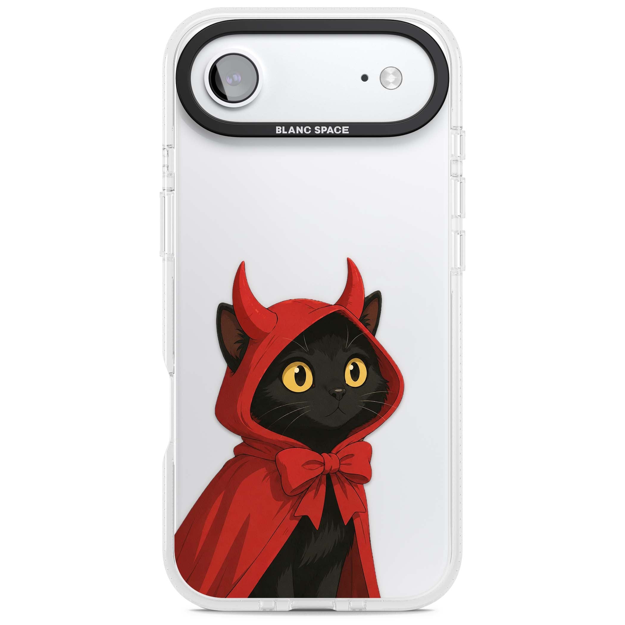Little Devil halloween iPhone case featuring a black cat in a red hooded devil cloak with horns and golden eyes | Clear Case Impact Air case for iPhone Air