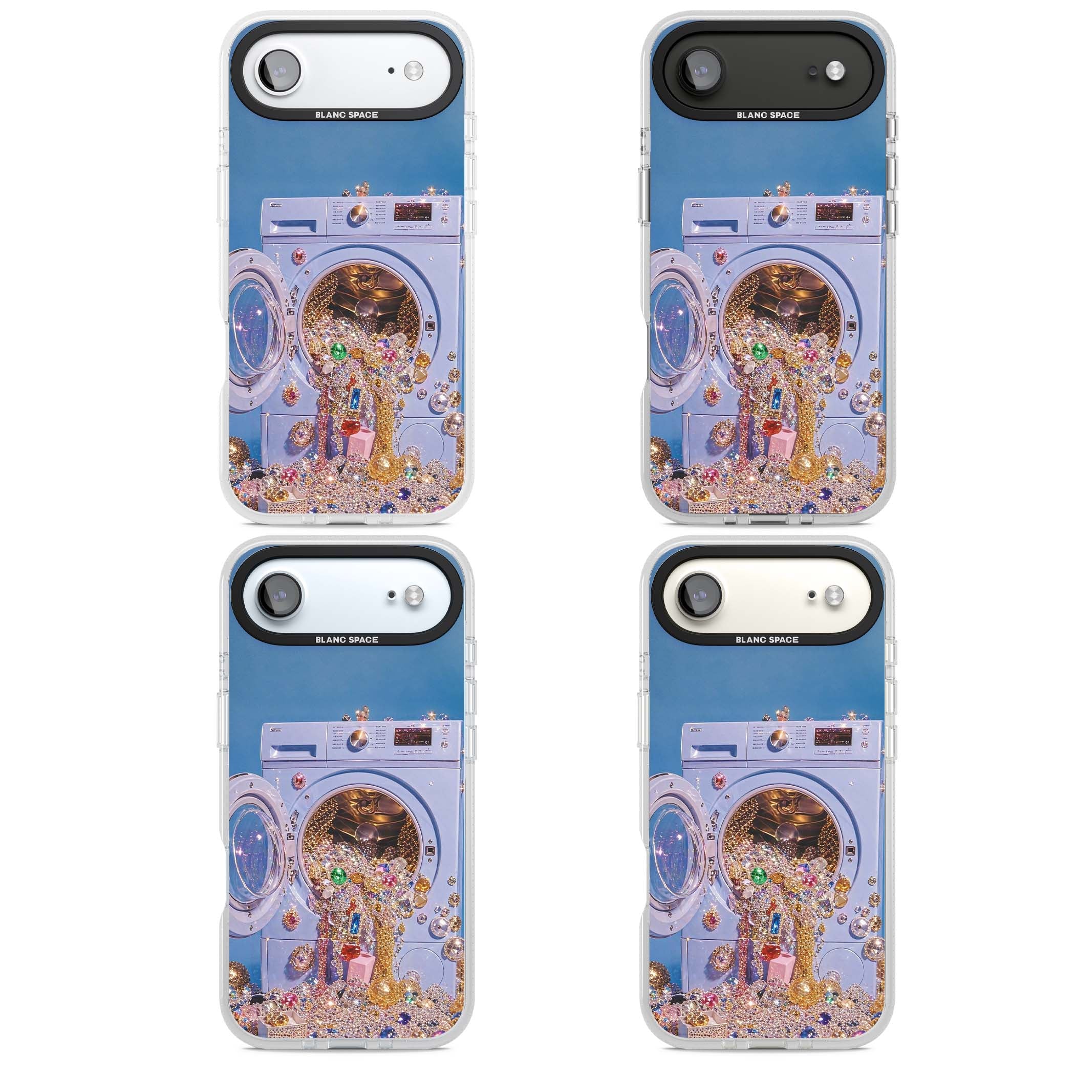 Gem Laundry baddie iPhone case featuring a surreal washing machine overflowing with colourful gemstones and crystals | Clear Case Impact Air case for iPhone Air