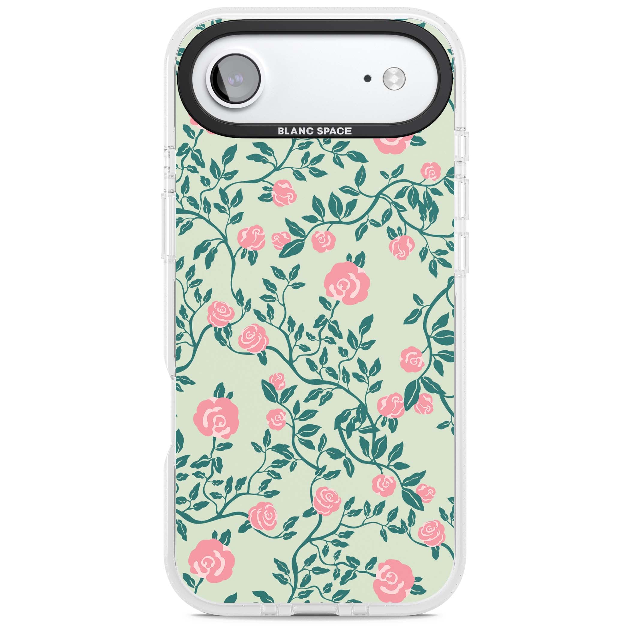 Rose Trellis cottagecore iPhone case featuring pink roses, sage green vines, and mint background | Clear Case Impact Air case for iPhone Air
