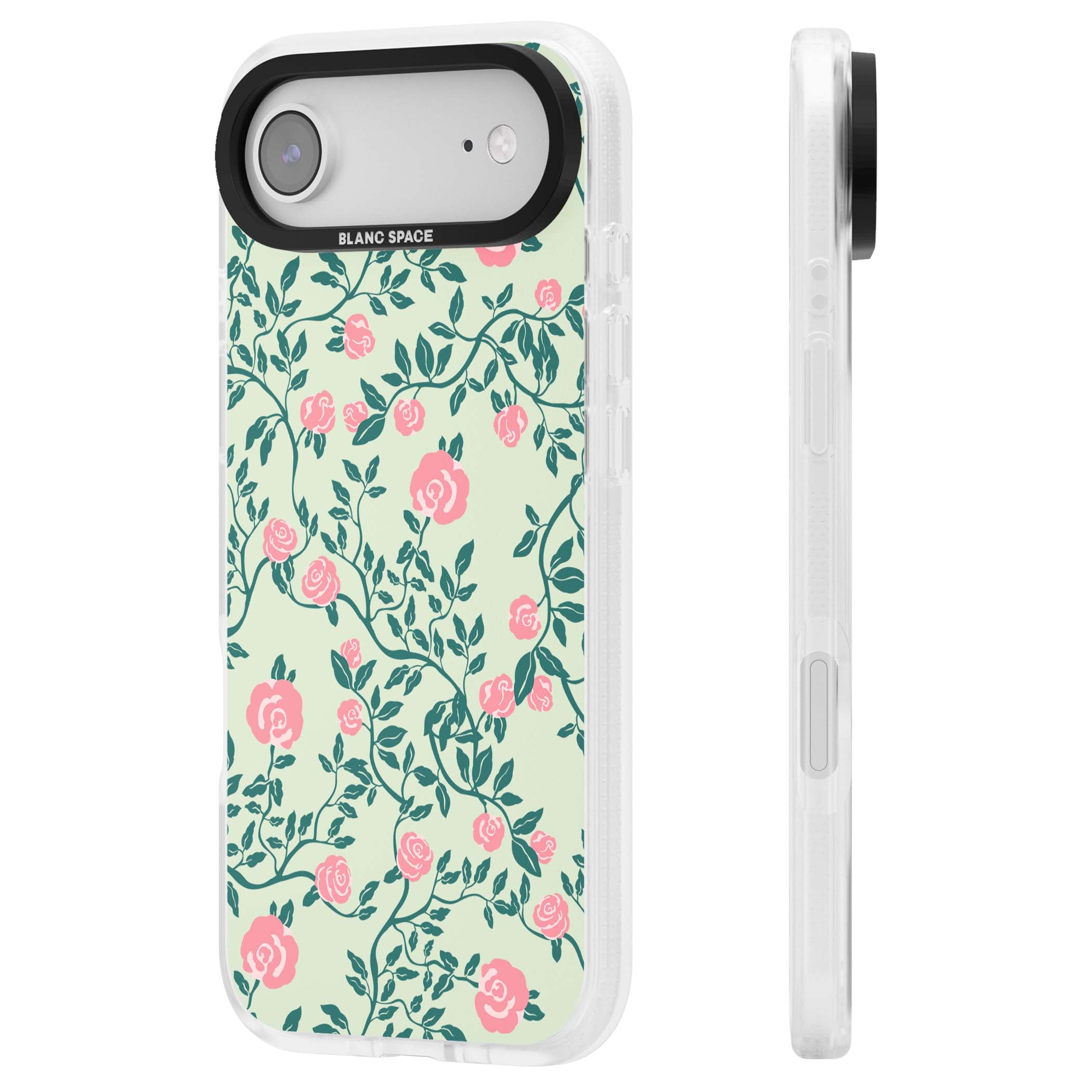 Rose Trellis cottagecore iPhone case featuring pink roses, sage green vines, and mint background | Clear Case Impact Air case for iPhone Air
