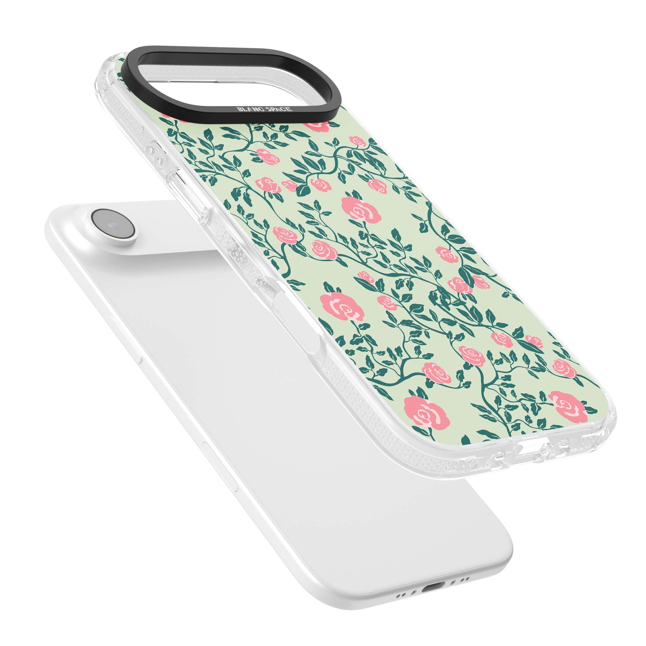 Rose Trellis cottagecore iPhone case featuring pink roses, sage green vines, and mint background | Clear Case Impact Air case for iPhone Air
