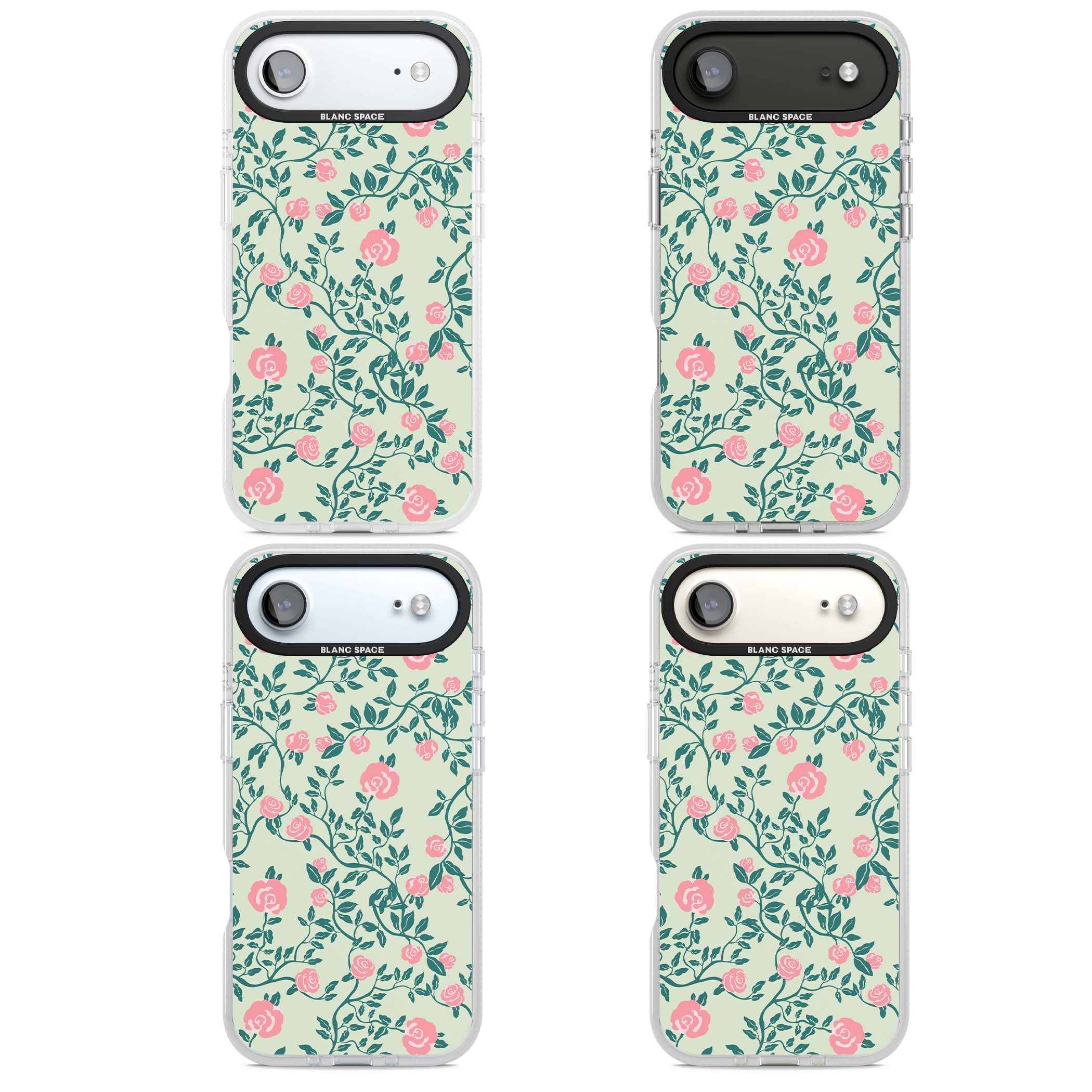 Rose Trellis cottagecore iPhone case featuring pink roses, sage green vines, and mint background | Clear Case Impact Air case for iPhone Air