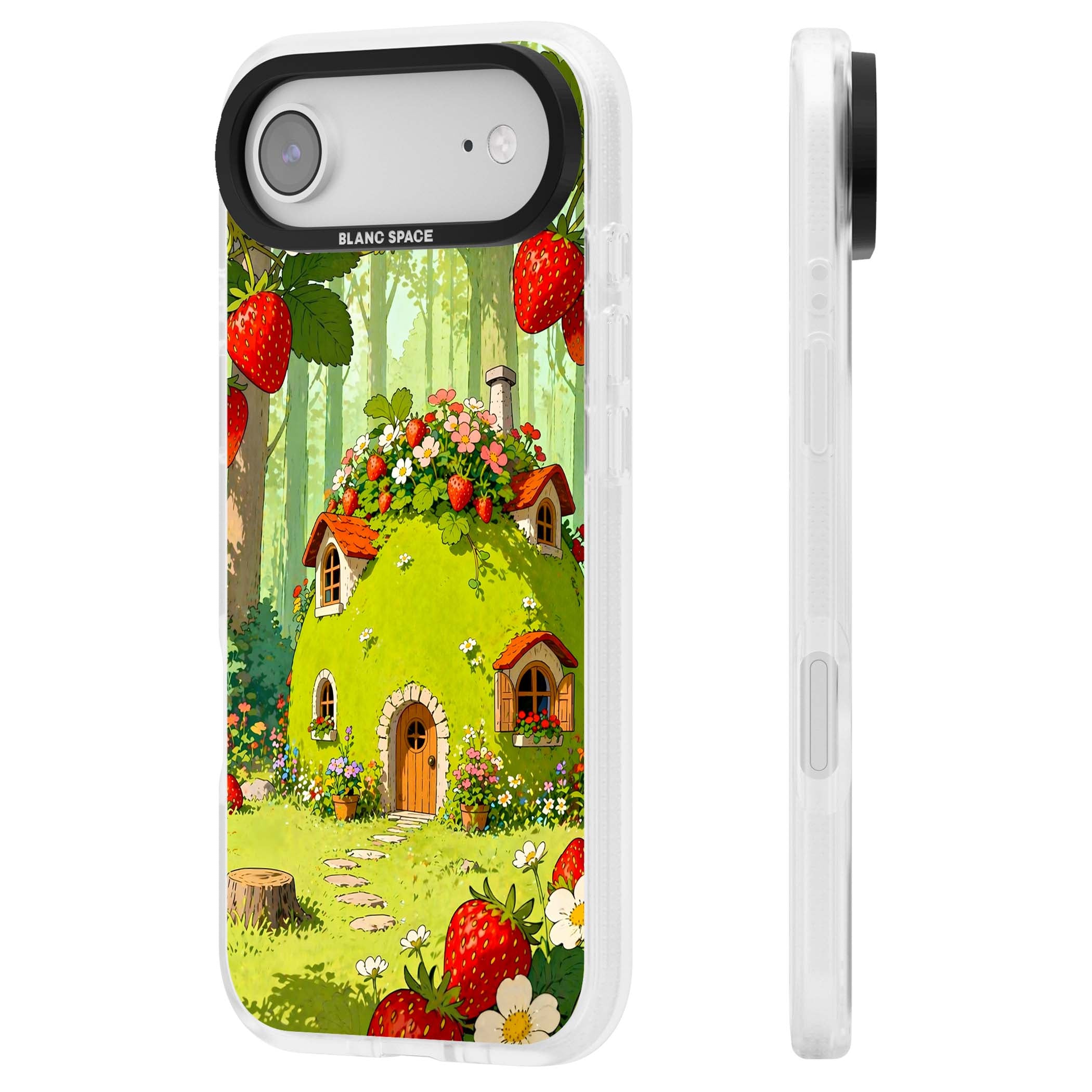 Strawberry Cottage cottagecore iPhone case featuring a green fairy house, wild strawberries and enchanted forest flowers | Clear Case Impact Air case for iPhone Air