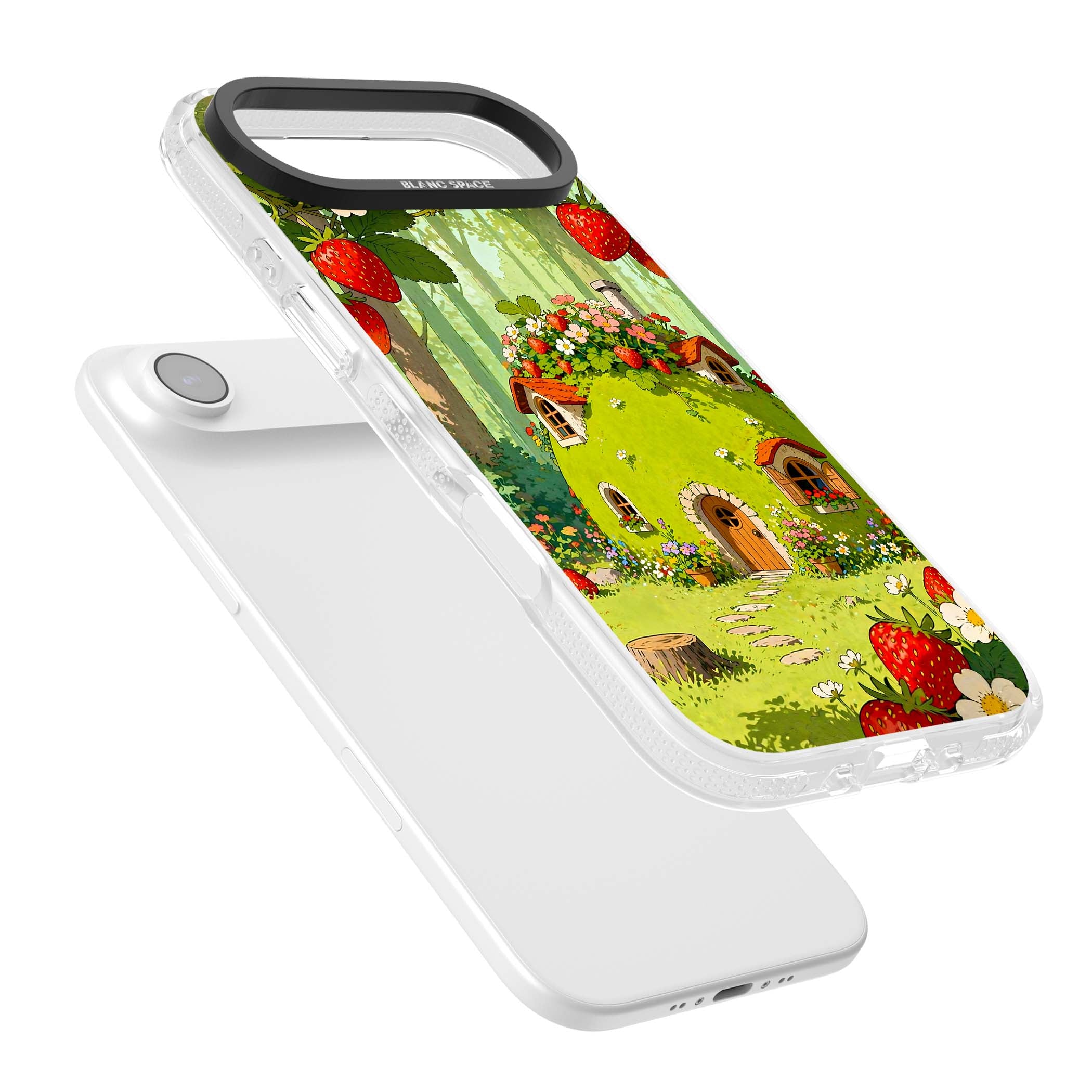 Strawberry Cottage cottagecore iPhone case featuring a green fairy house, wild strawberries and enchanted forest flowers | Clear Case Impact Air case for iPhone Air