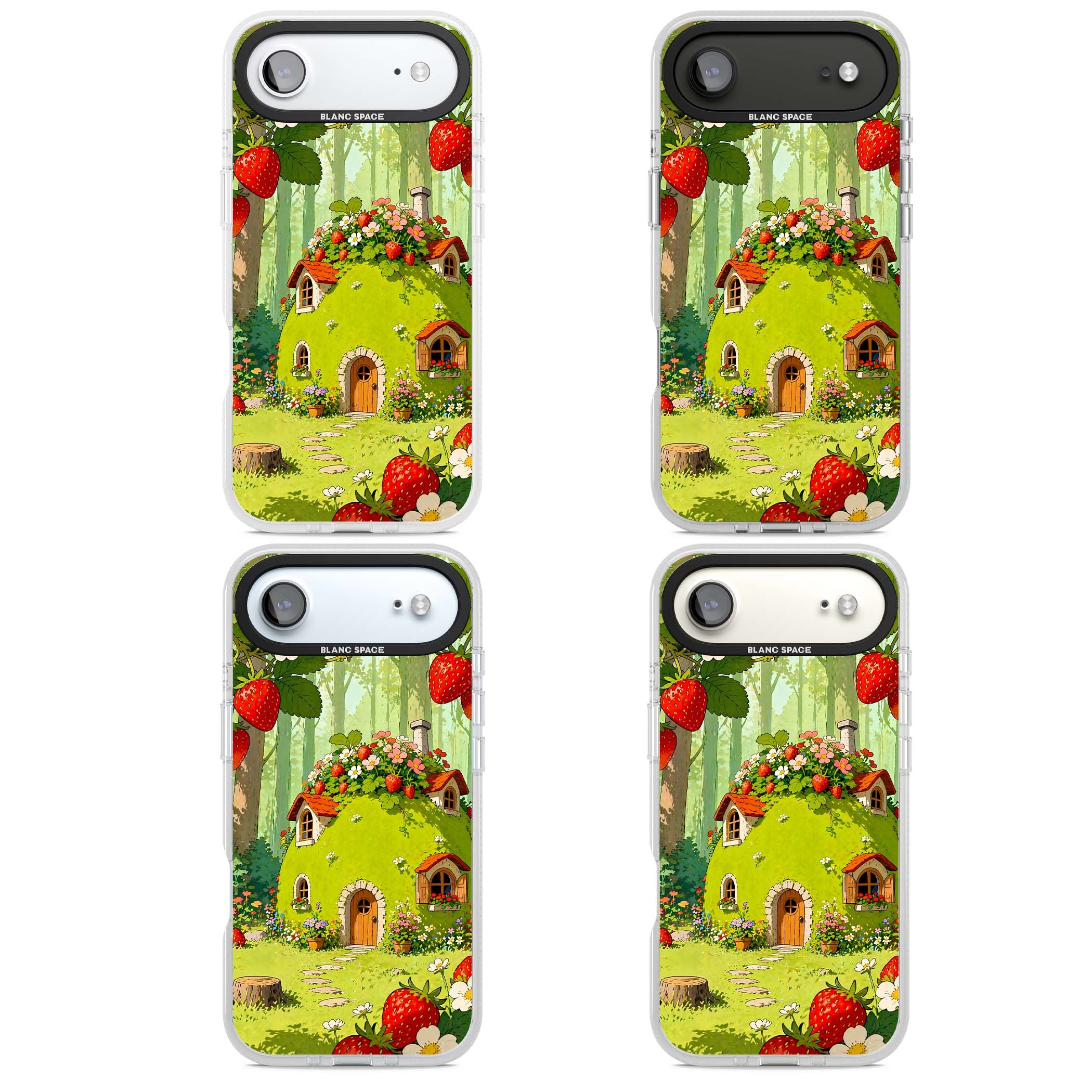 Strawberry Cottage cottagecore iPhone case featuring a green fairy house, wild strawberries and enchanted forest flowers | Clear Case Impact Air case for iPhone Air