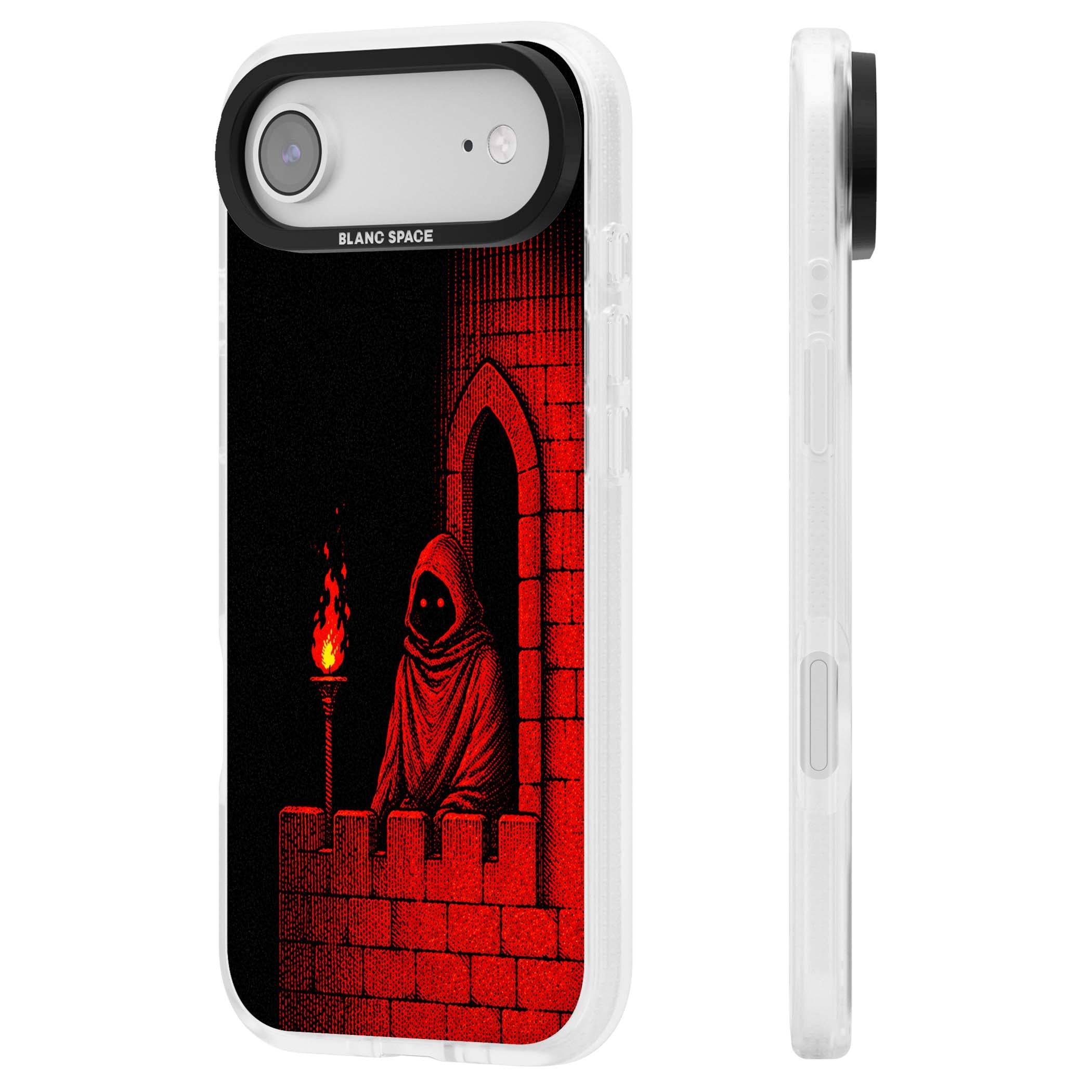 Crimson Crypt gothic iPhone case featuring a hooded reaper, torchlit crypt archway and red halftone horror art | Clear Case Impact Air case for iPhone Air