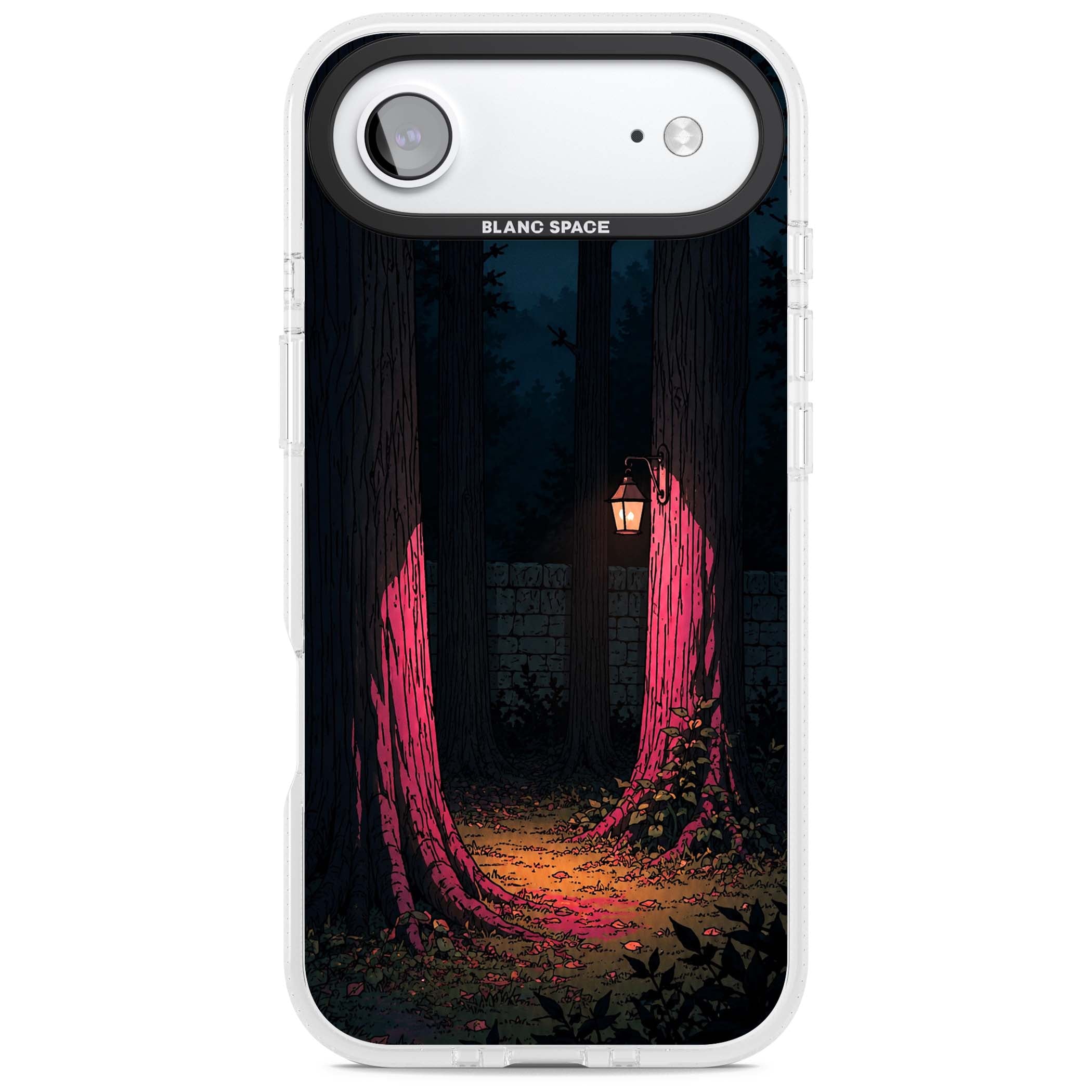 Forest Lantern dark academia iPhone case featuring a moonlit forest, glowing lantern, and stone wall pathway | Clear Case Impact Air case for iPhone Air