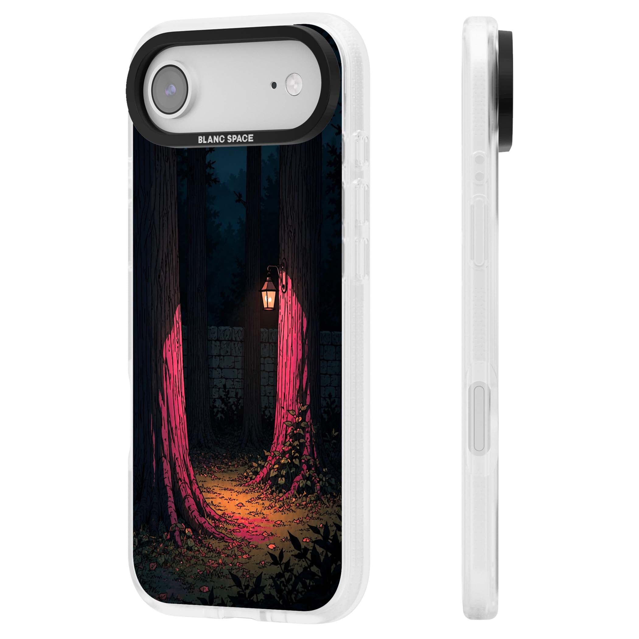 Forest Lantern dark academia iPhone case featuring a moonlit forest, glowing lantern, and stone wall pathway | Clear Case Impact Air case for iPhone Air