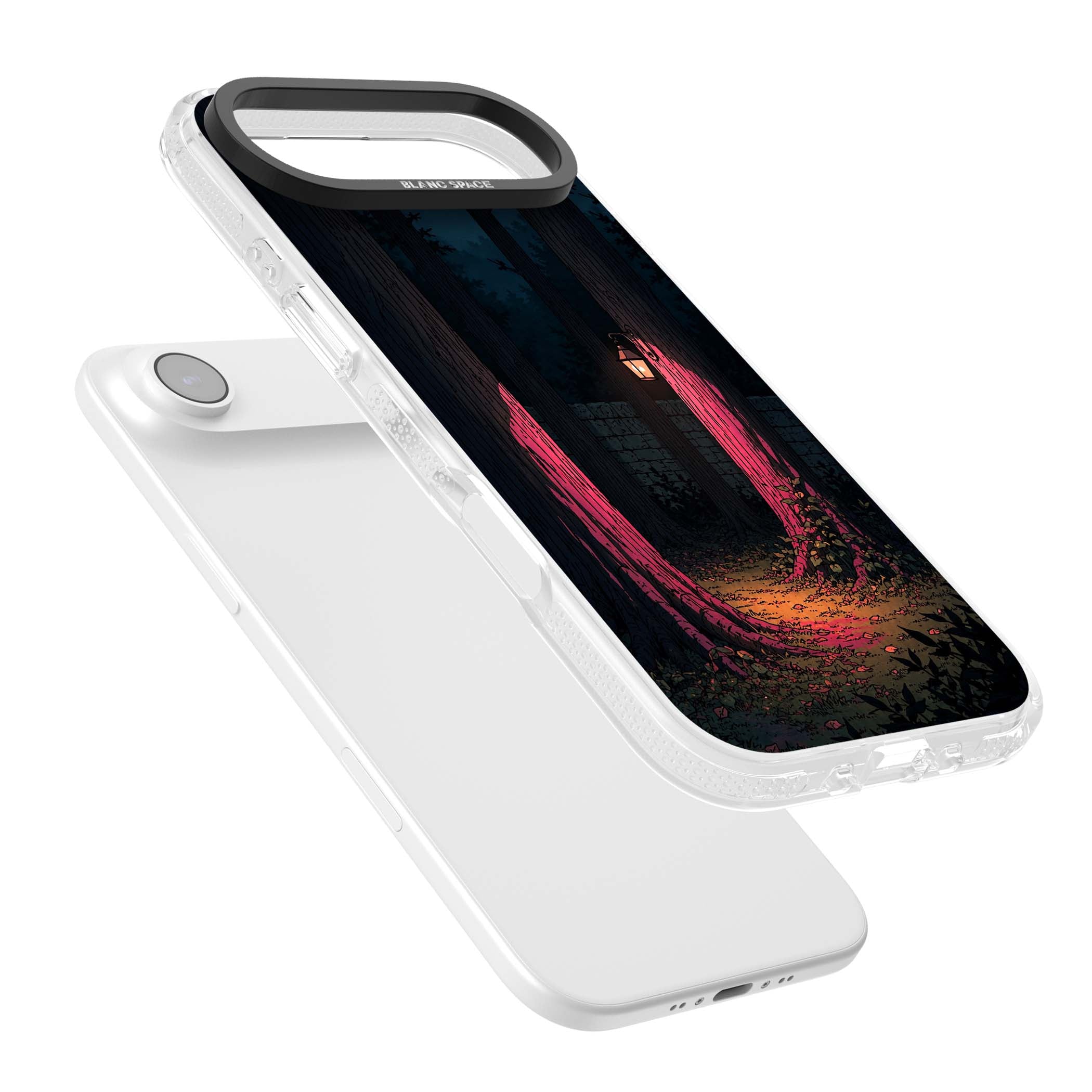 Forest Lantern dark academia iPhone case featuring a moonlit forest, glowing lantern, and stone wall pathway | Clear Case Impact Air case for iPhone Air